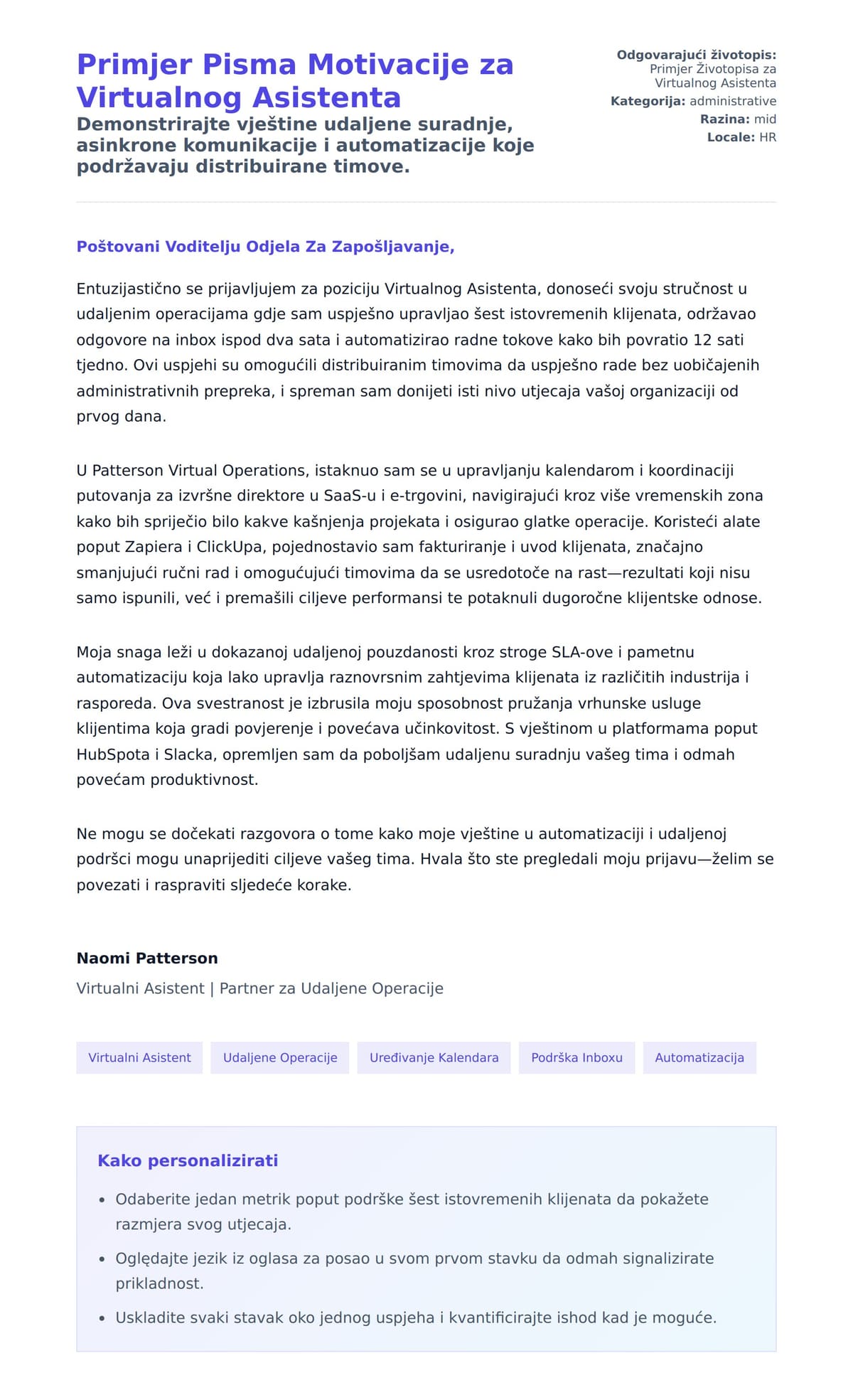 Pregled motivacijskog pisma za Primjer Pisma Motivacije za Virtualnog Asistenta