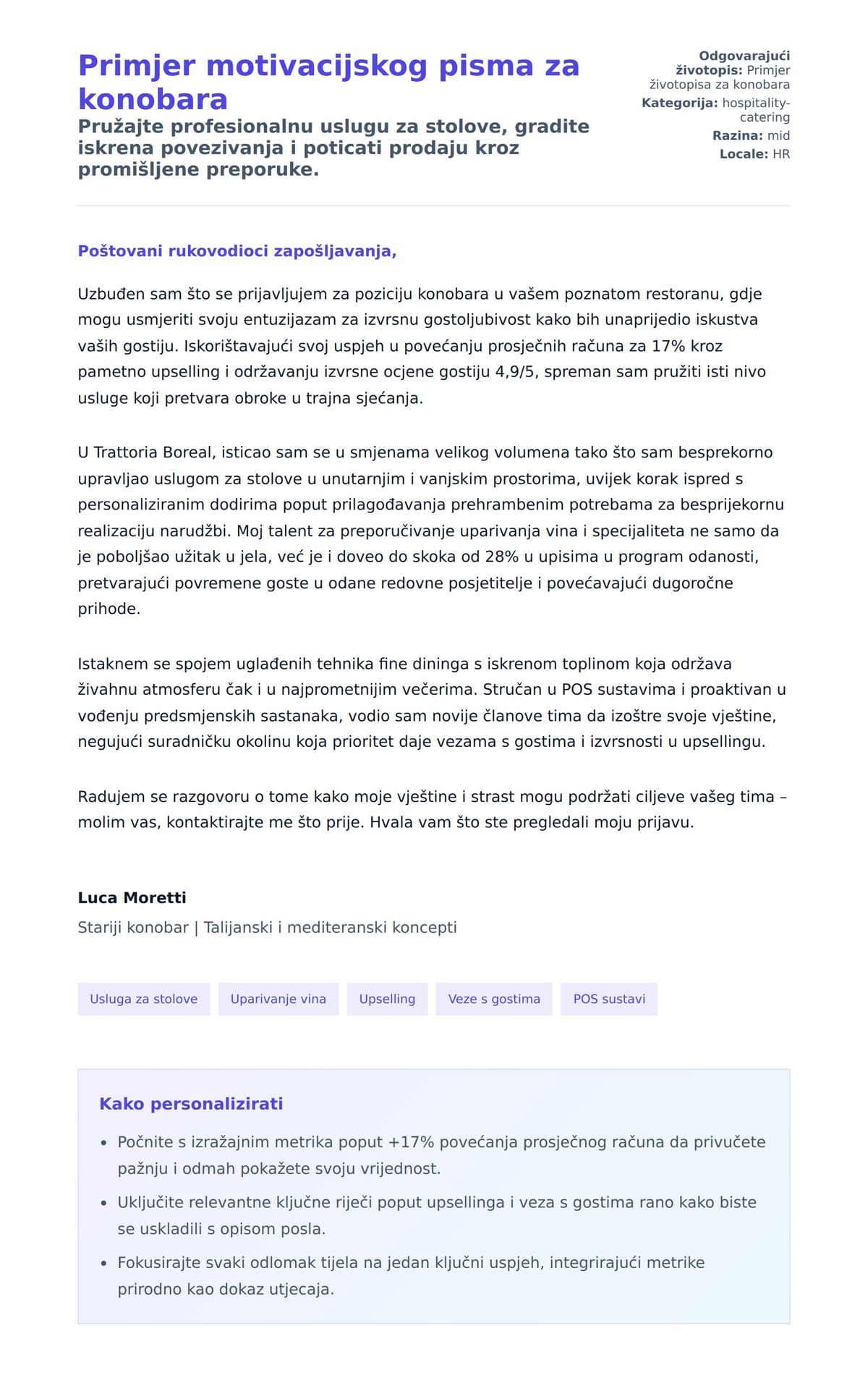 Pregled motivacijskog pisma za Primjer motivacijskog pisma za konobara
