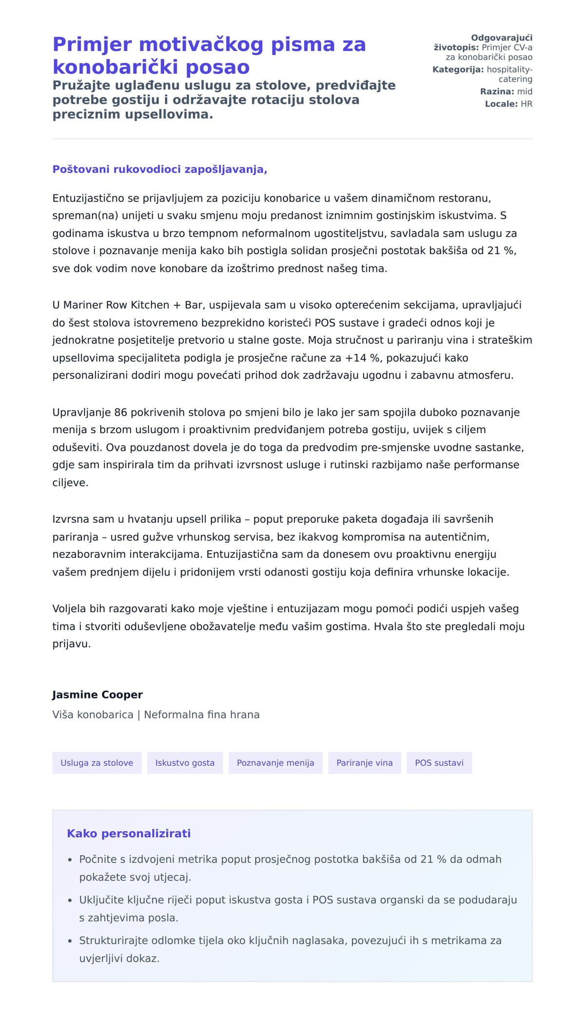 Pregled motivacijskog pisma za Primjer motivačkog pisma za konobarički posao