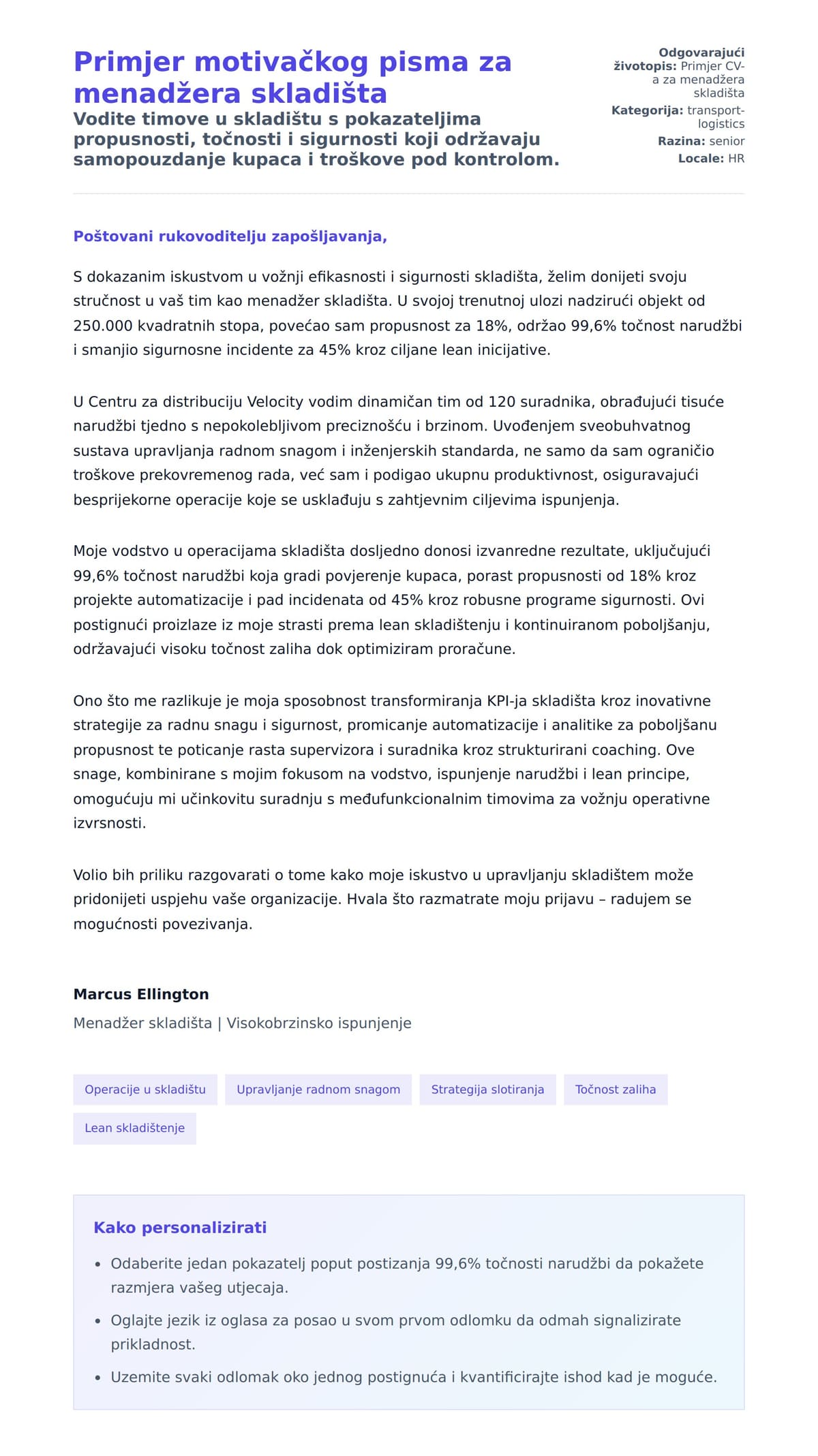 Pregled motivacijskog pisma za Primjer motivačkog pisma za menadžera skladišta
