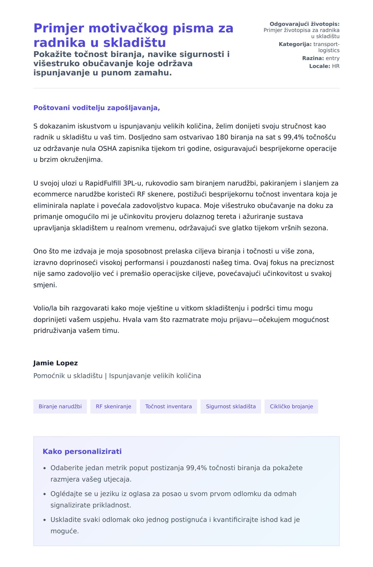 Pregled motivacijskog pisma za Primjer motivačkog pisma za radnika u skladištu