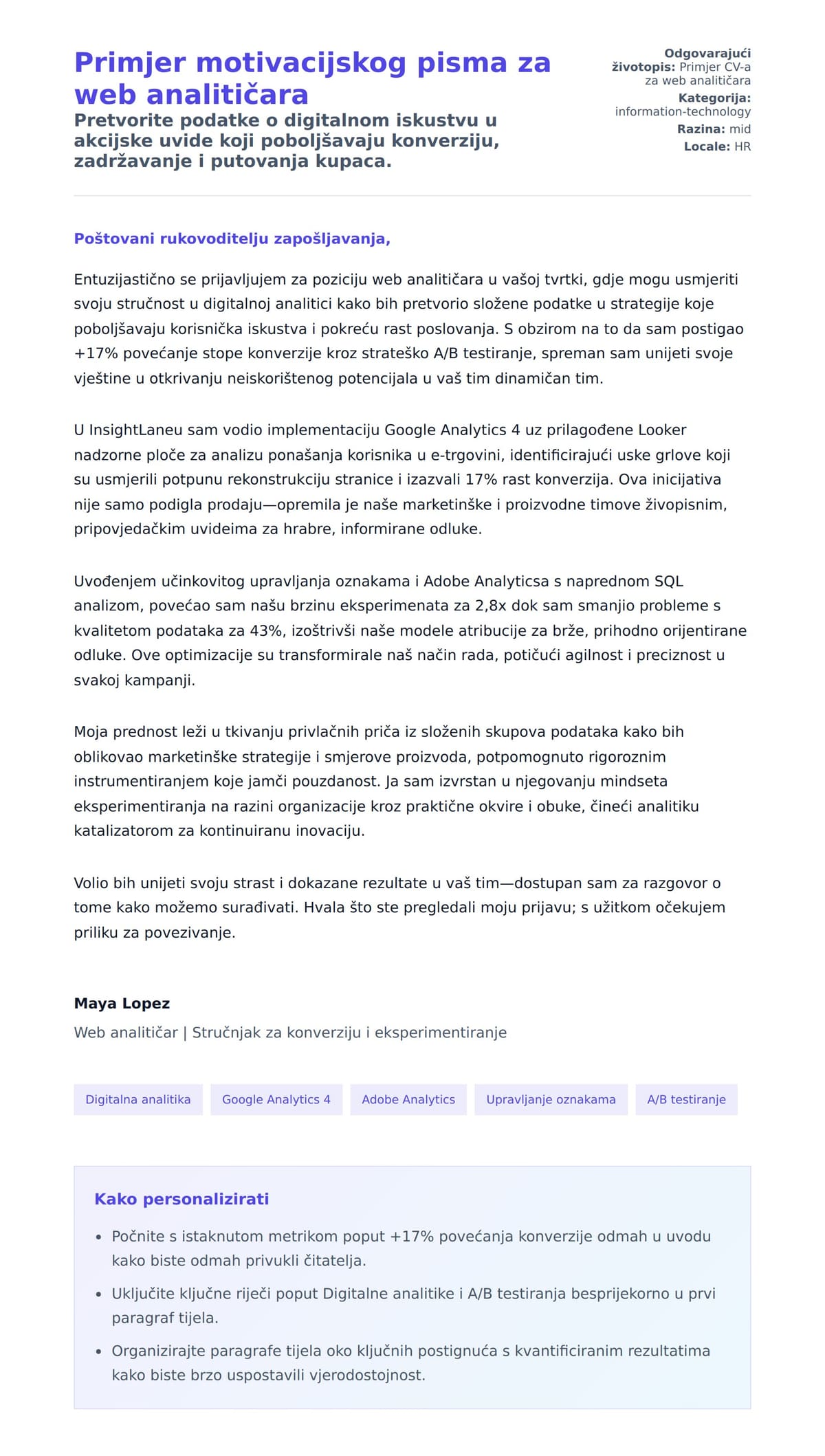 Pregled motivacijskog pisma za Primjer motivacijskog pisma za web analitičara