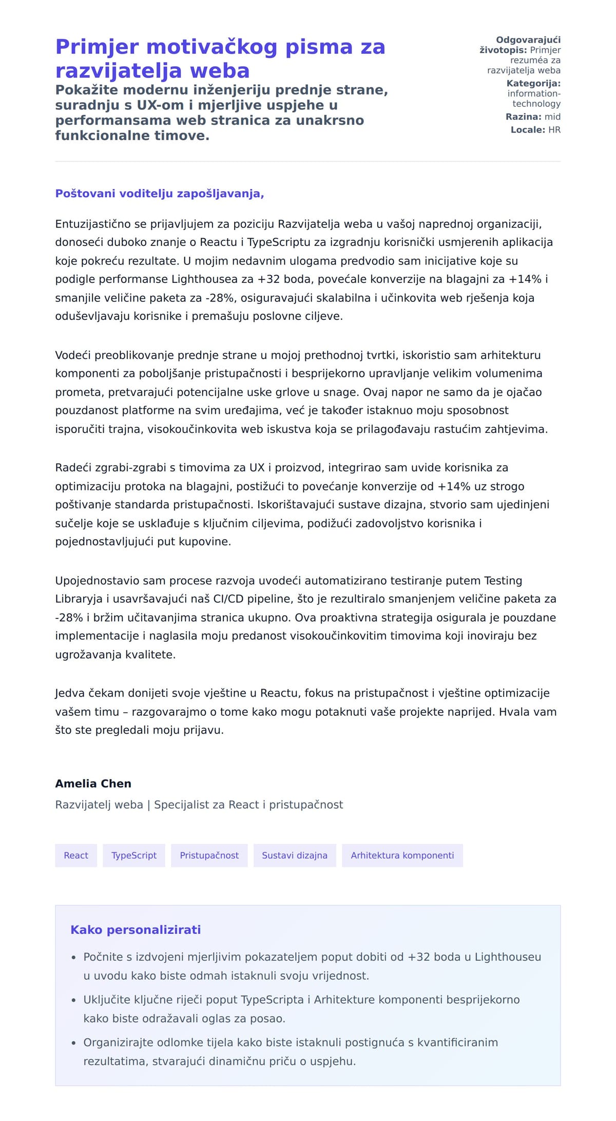 Pregled motivacijskog pisma za Primjer motivačkog pisma za razvijatelja weba