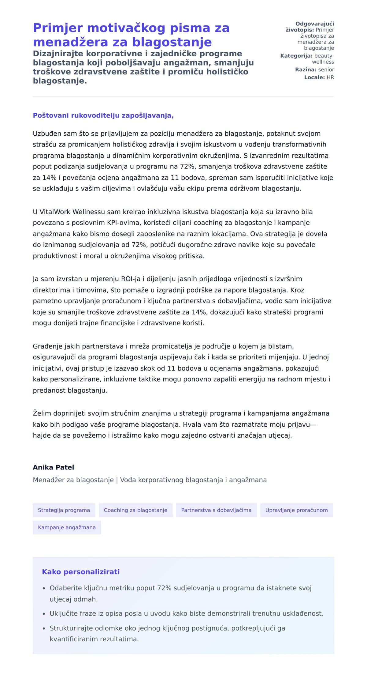 Pregled motivacijskog pisma za Primjer motivačkog pisma za menadžera za blagostanje