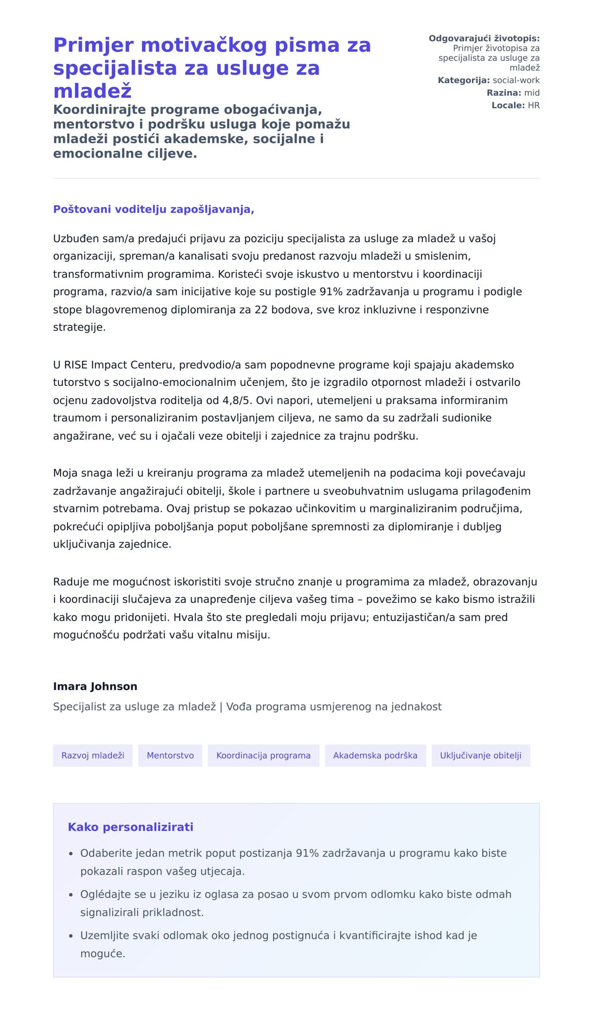Pregled motivacijskog pisma za Primjer motivačkog pisma za specijalista za usluge za mladež