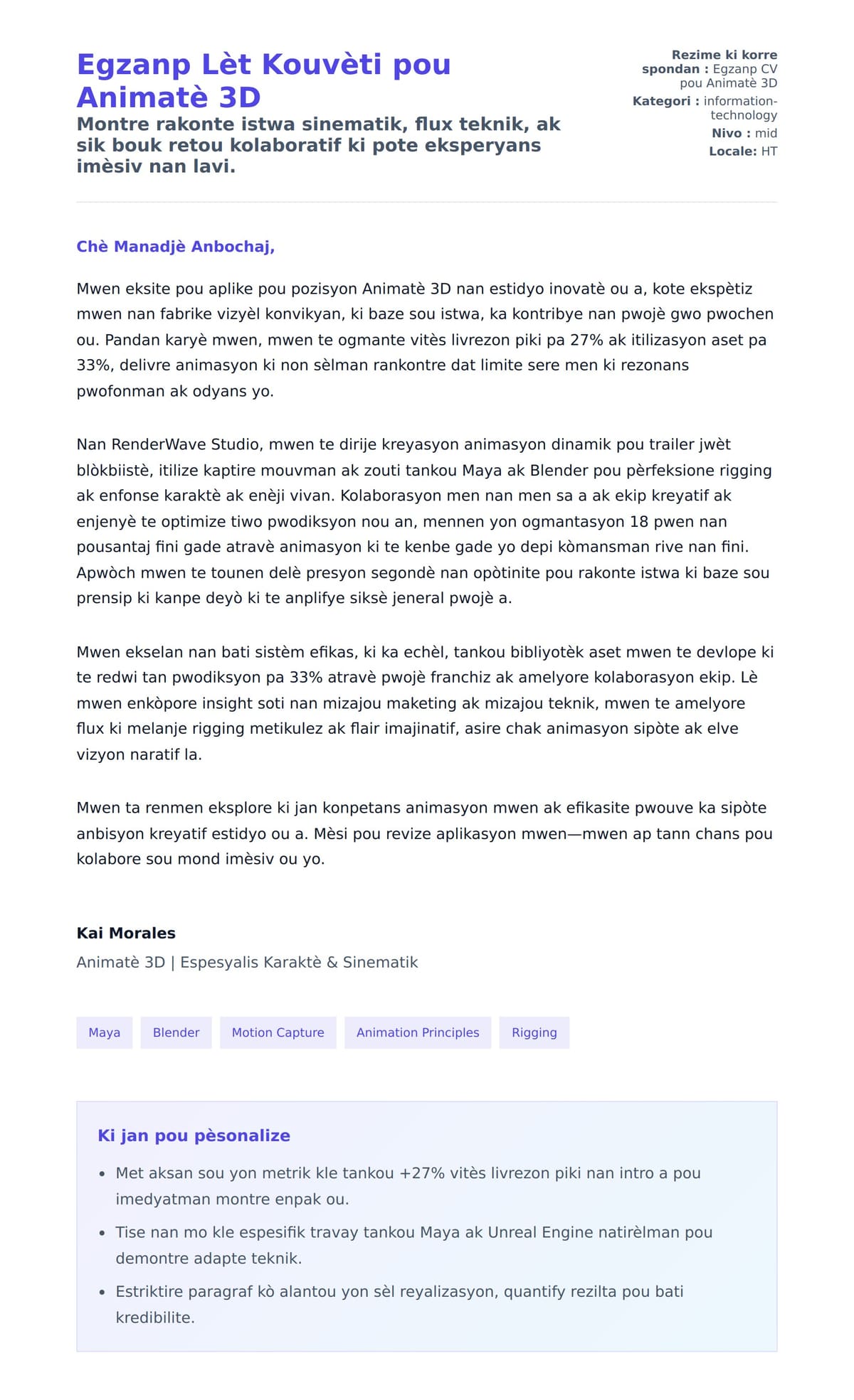 Premye apèsi lèt kouvèti pou Egzanp Lèt Kouvèti pou Animatè 3D