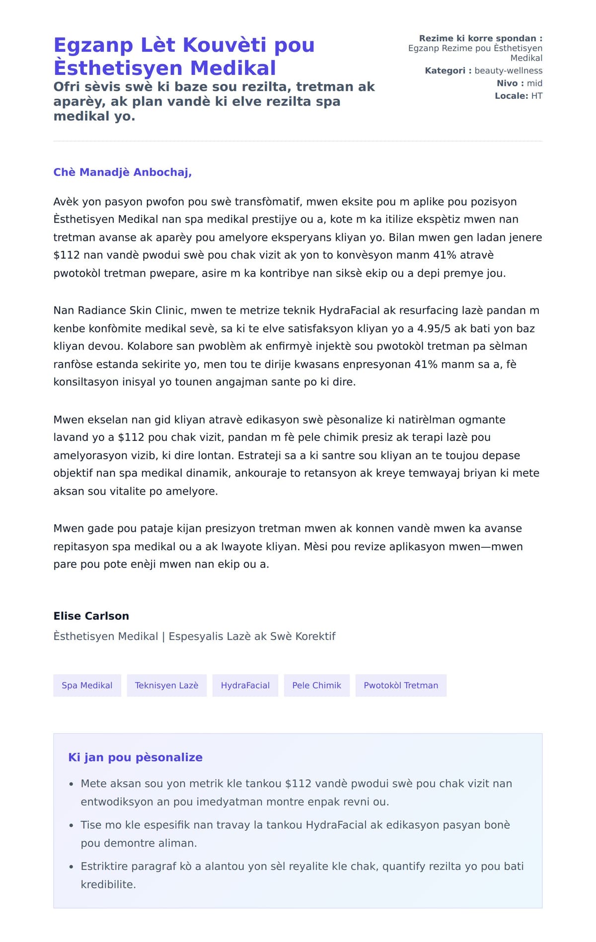 Premye apèsi lèt kouvèti pou Egzanp Lèt Kouvèti pou Èsthetisyen Medikal