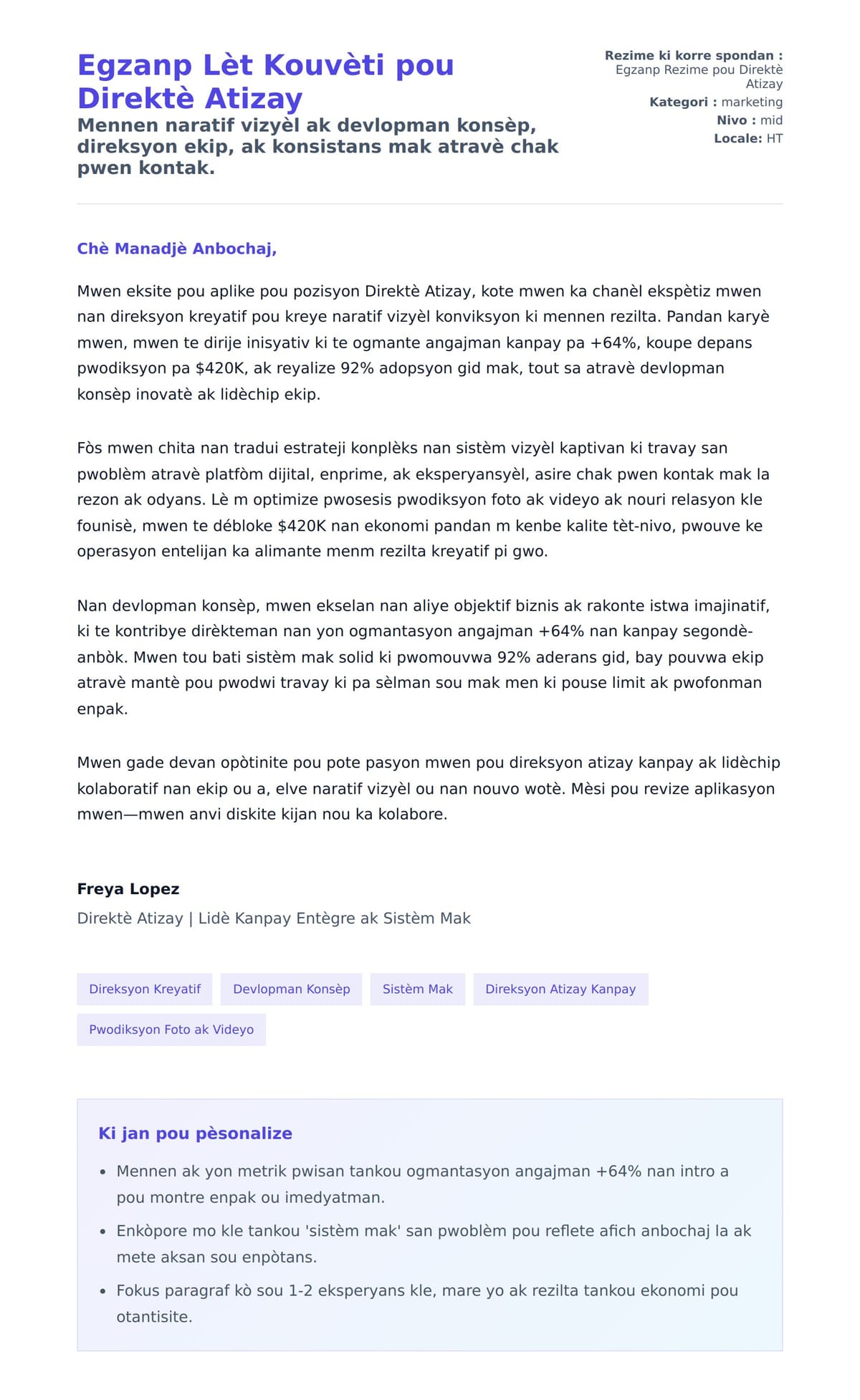 Premye apèsi lèt kouvèti pou Egzanp Lèt Kouvèti pou Direktè Atizay