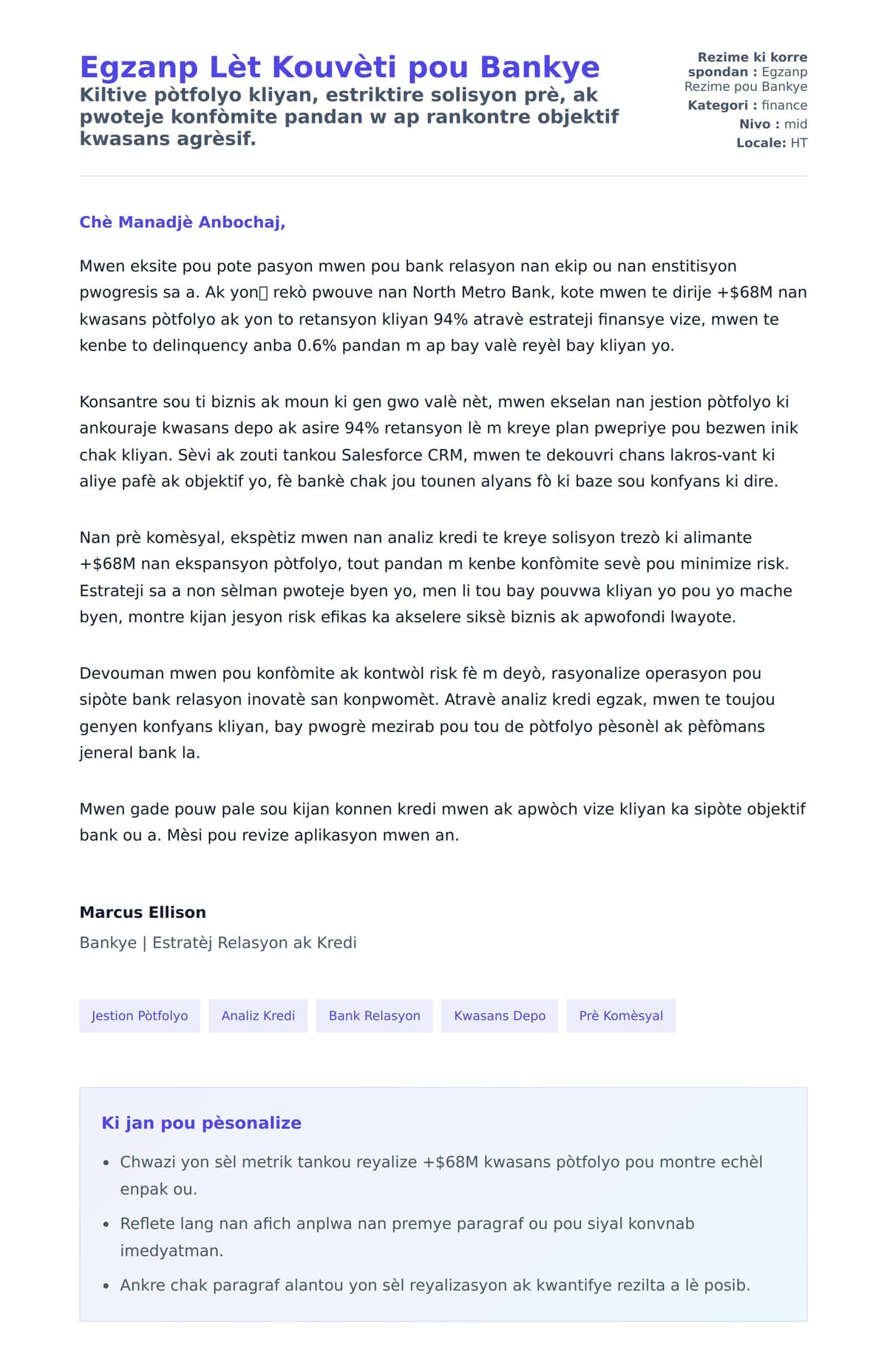 Premye apèsi lèt kouvèti pou Egzanp Lèt Kouvèti pou Bankye