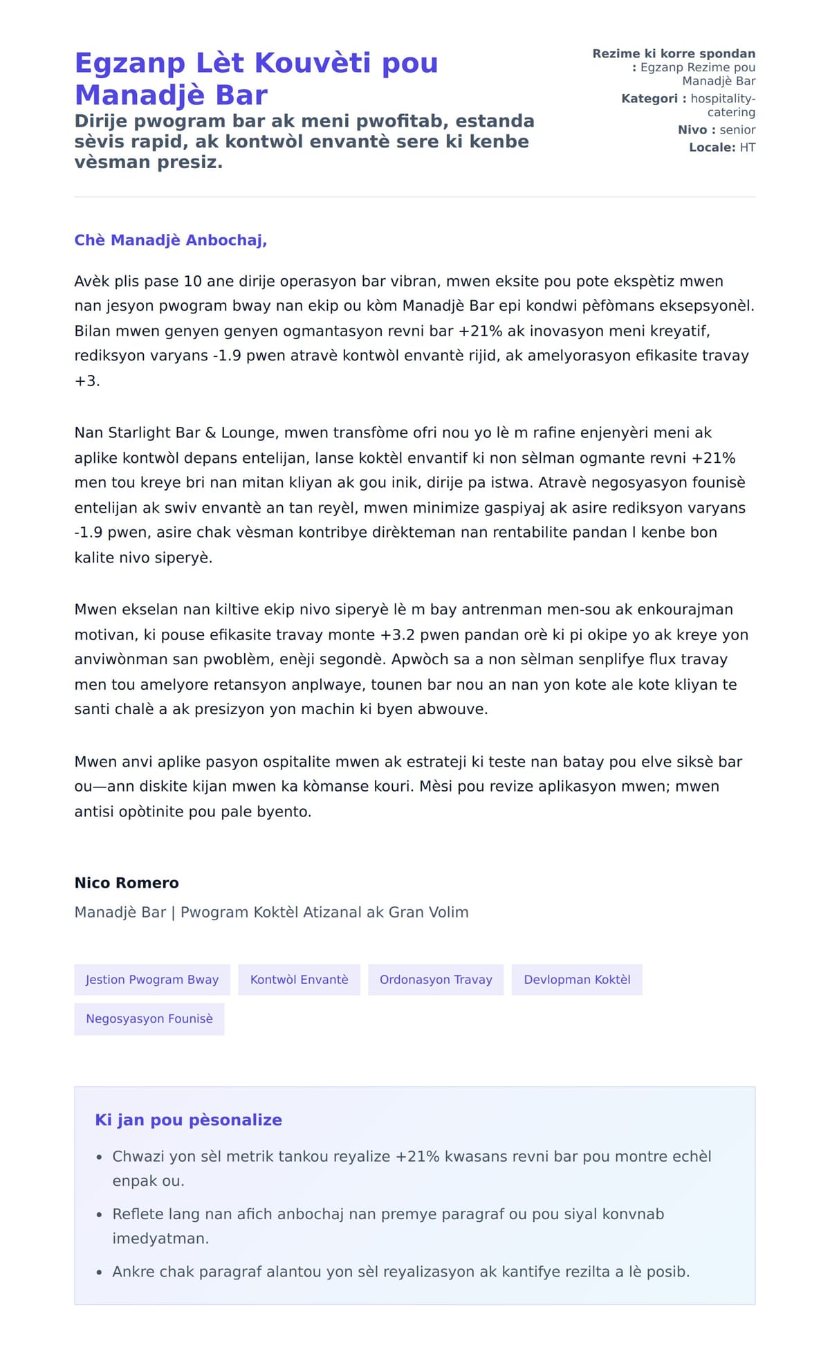 Premye apèsi lèt kouvèti pou Egzanp Lèt Kouvèti pou Manadjè Bar