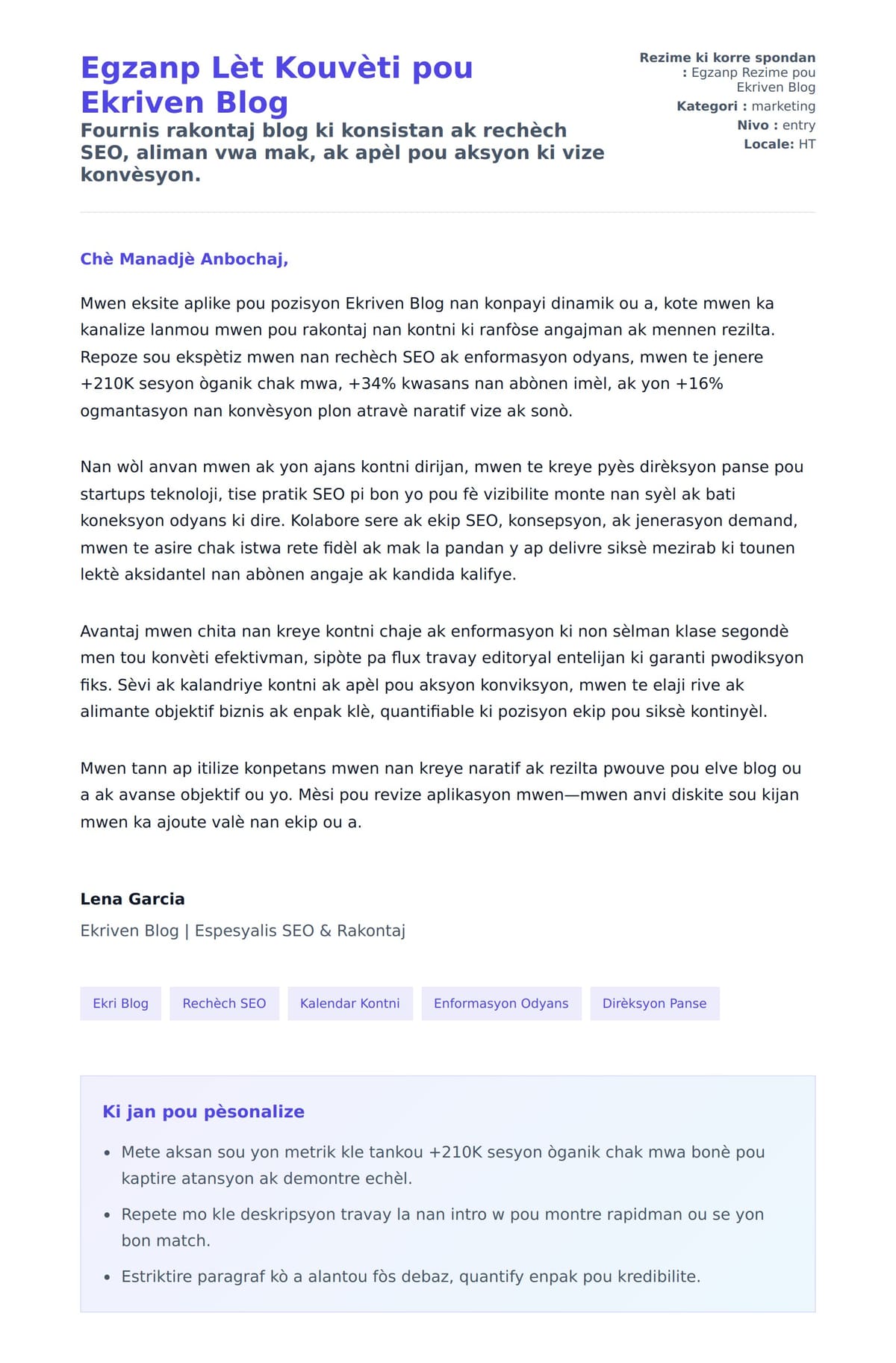 Premye apèsi lèt kouvèti pou Egzanp Lèt Kouvèti pou Ekriven Blog