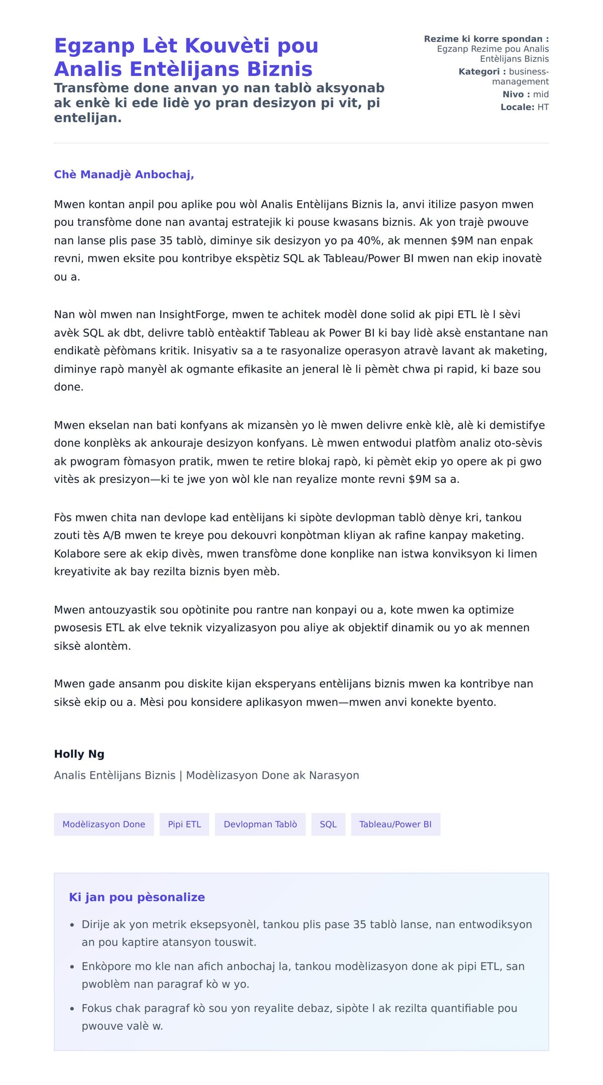 Premye apèsi lèt kouvèti pou Egzanp Lèt Kouvèti pou Analis Entèlijans Biznis