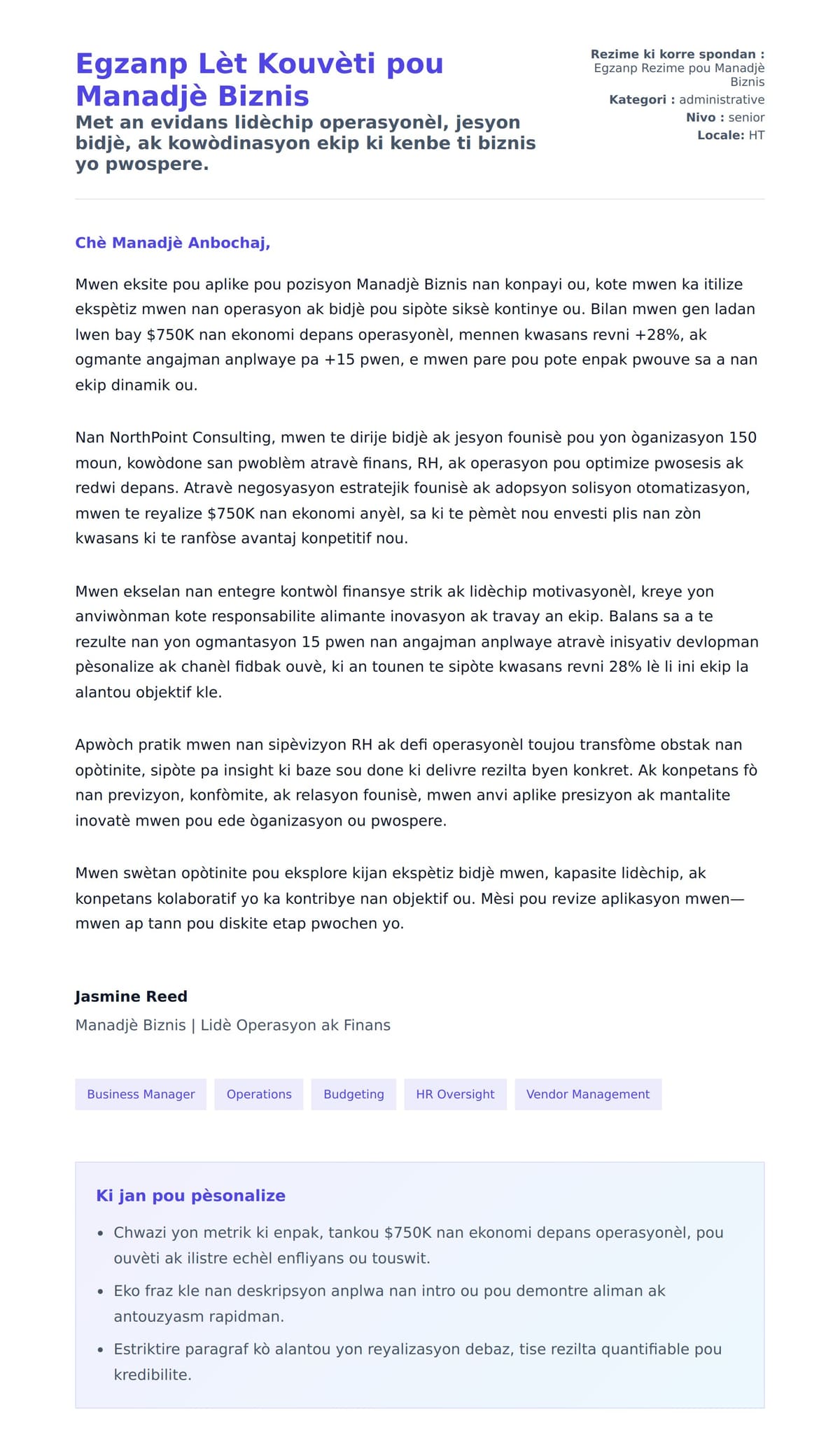 Premye apèsi lèt kouvèti pou Egzanp Lèt Kouvèti pou Manadjè Biznis