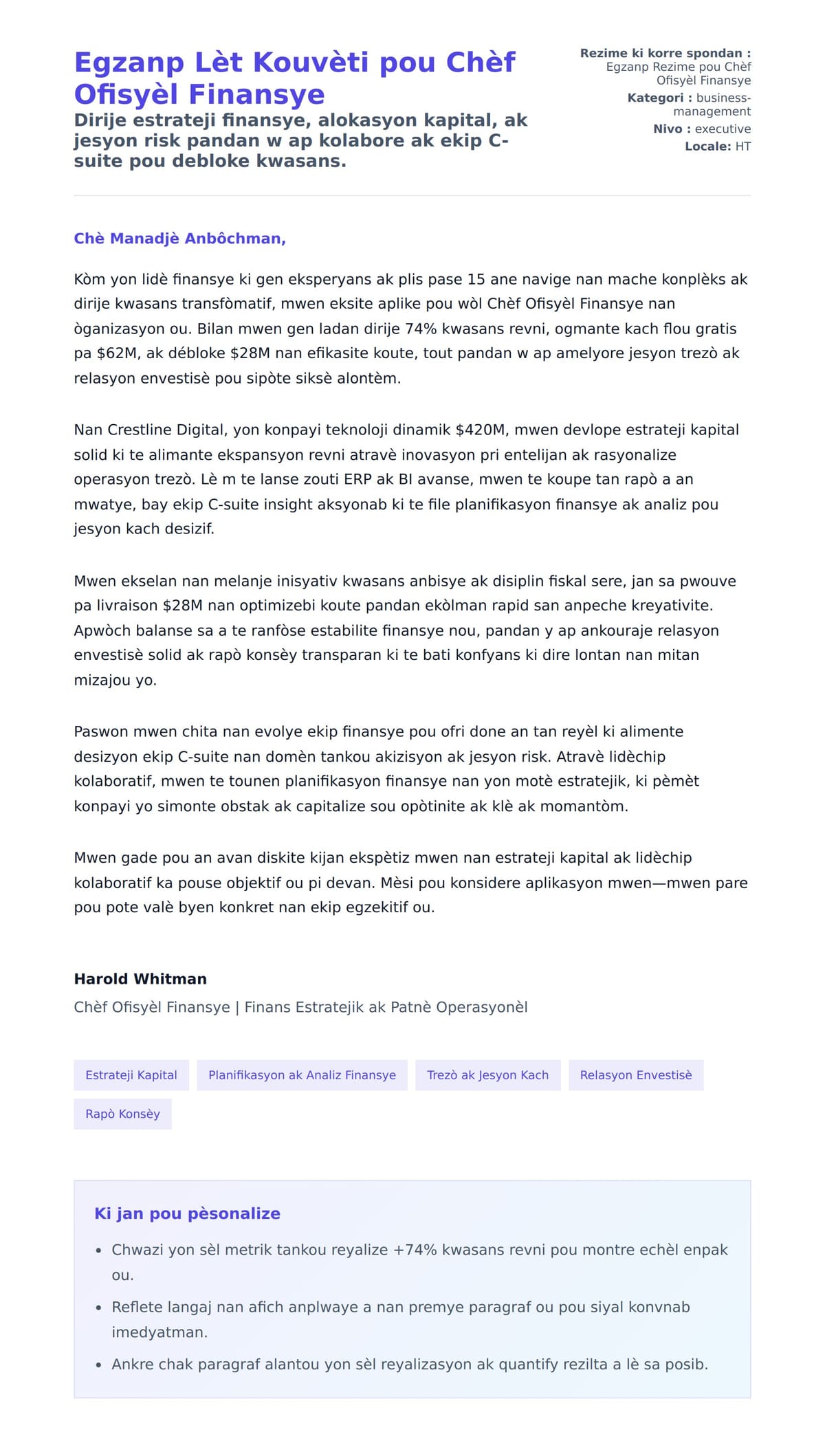 Premye apèsi lèt kouvèti pou Egzanp Lèt Kouvèti pou Chèf Ofisyèl Finansye