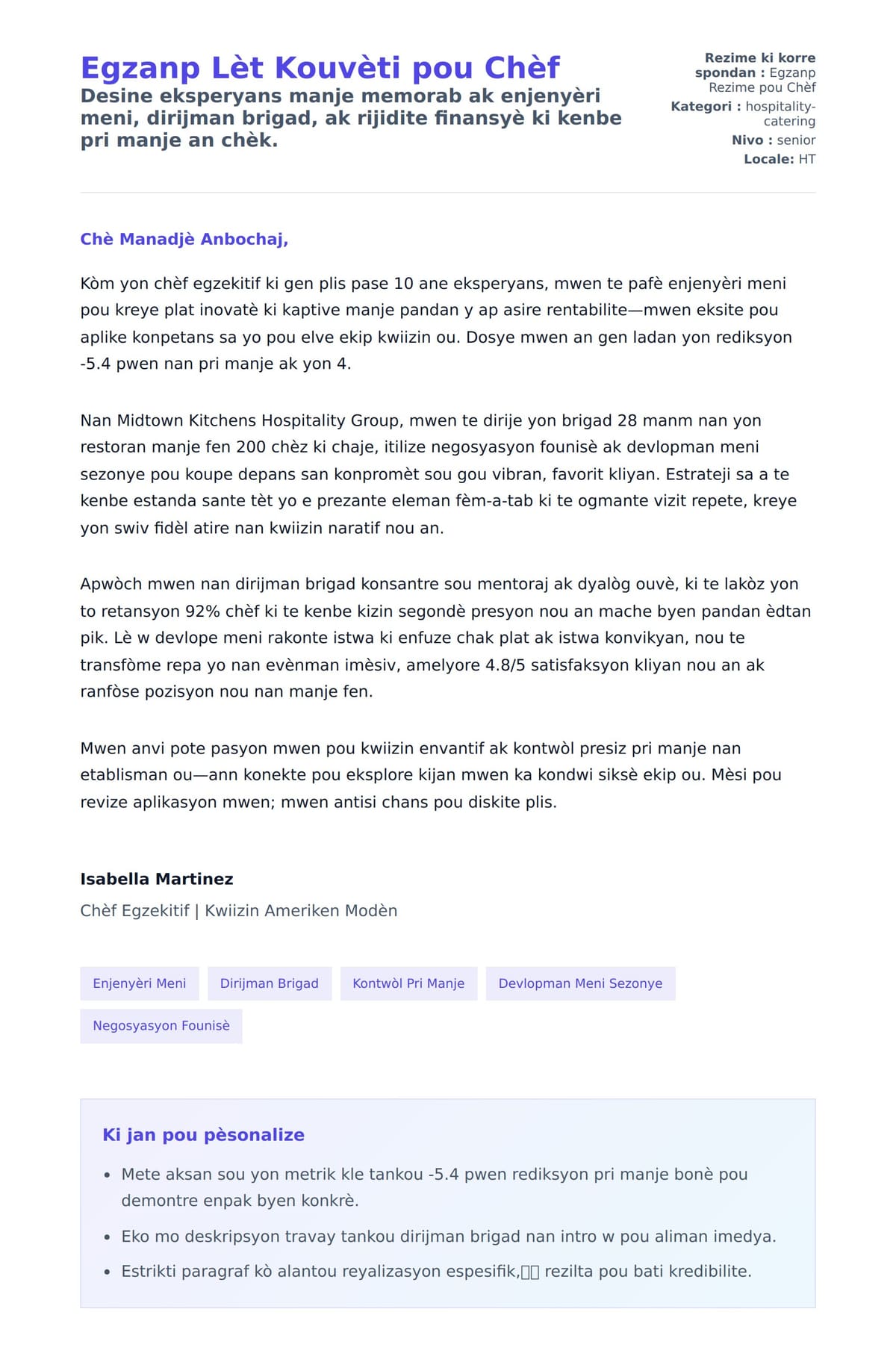 Premye apèsi lèt kouvèti pou Egzanp Lèt Kouvèti pou Chèf