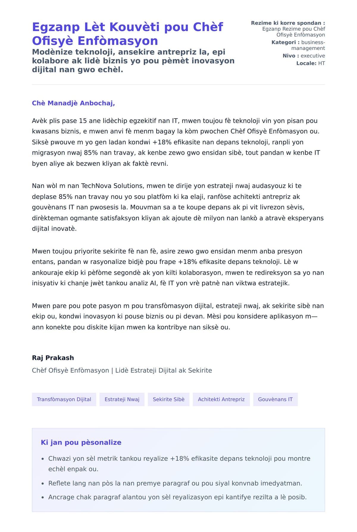 Premye apèsi lèt kouvèti pou Egzanp Lèt Kouvèti pou Chèf Ofisyè Enfòmasyon