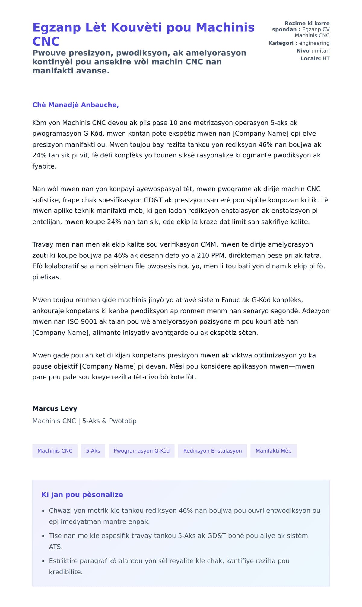 Premye apèsi lèt kouvèti pou Egzanp Lèt Kouvèti pou Machinis CNC