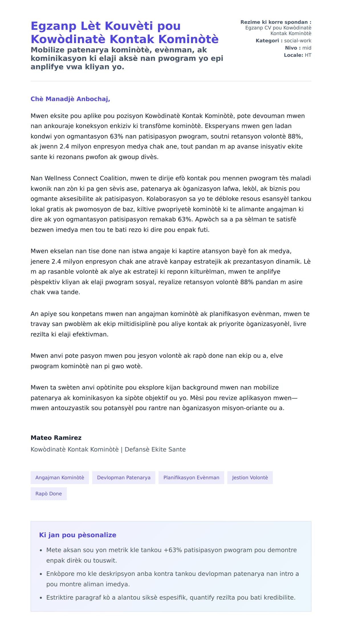 Premye apèsi lèt kouvèti pou Egzanp Lèt Kouvèti pou Kowòdinatè Kontak Kominòtè