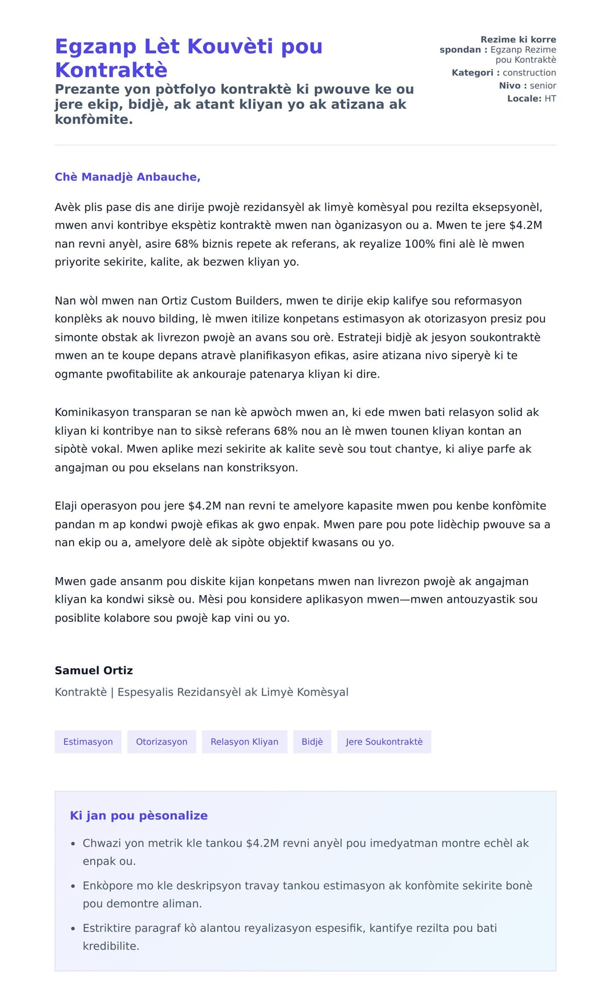 Premye apèsi lèt kouvèti pou Egzanp Lèt Kouvèti pou Kontraktè