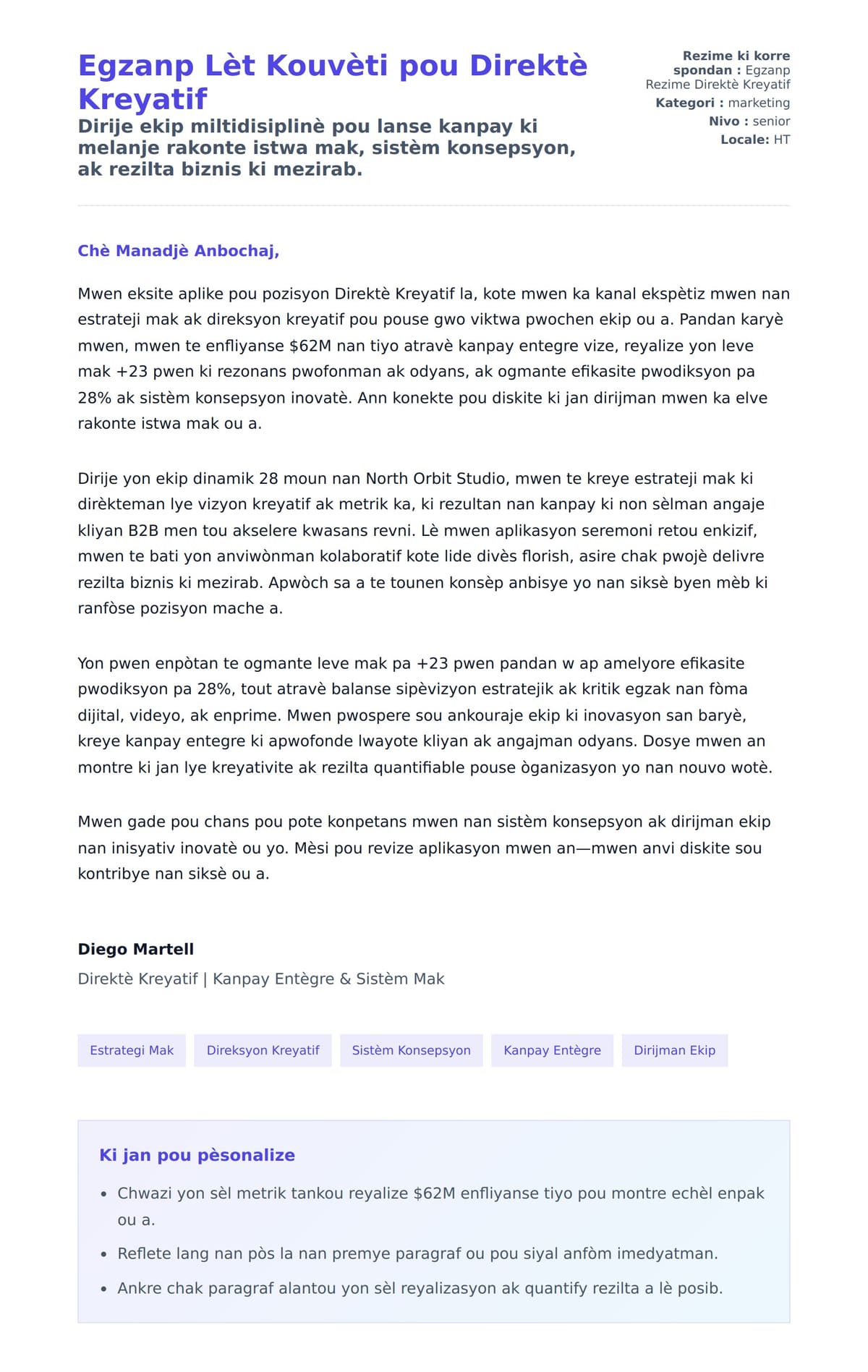 Premye apèsi lèt kouvèti pou Egzanp Lèt Kouvèti pou Direktè Kreyatif