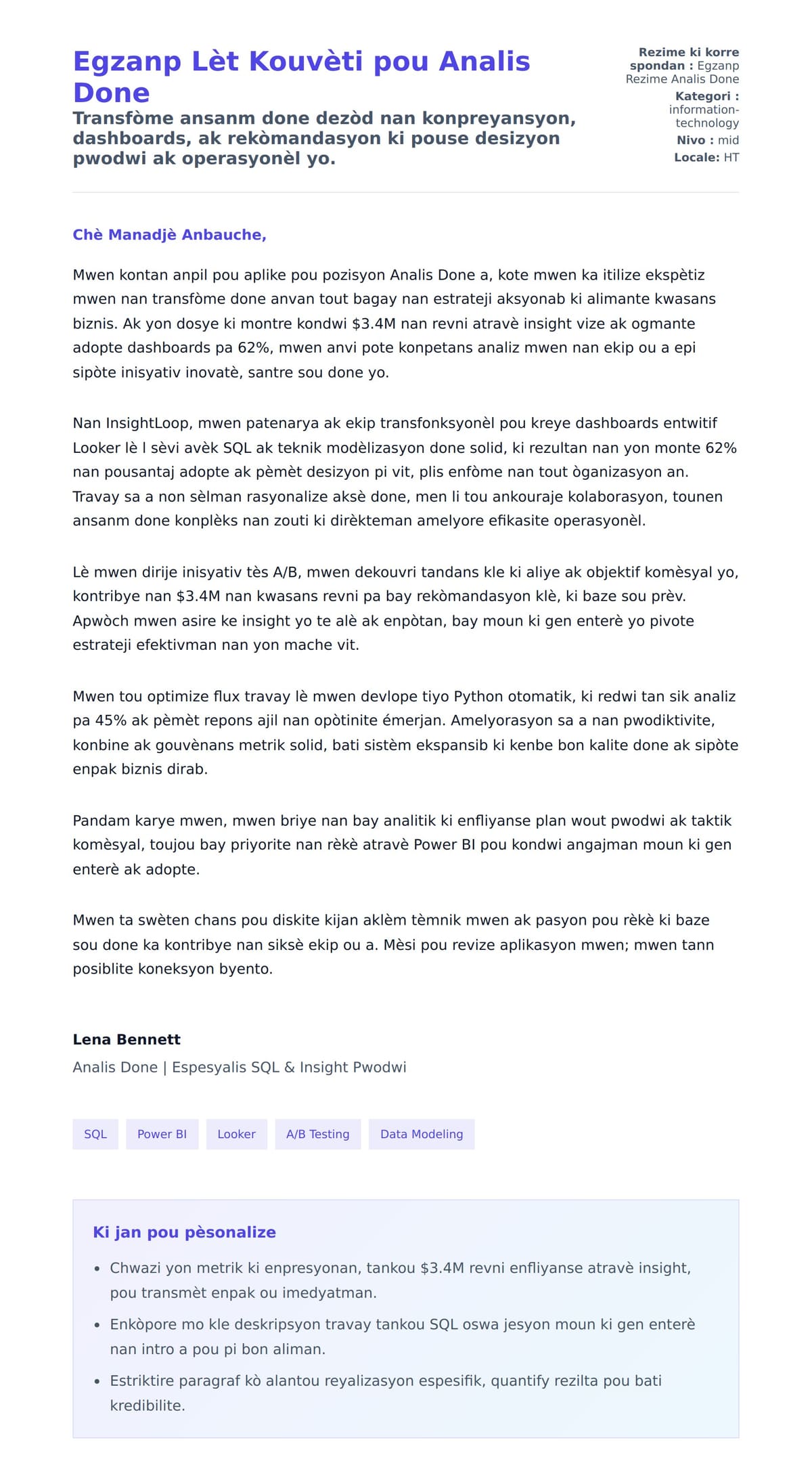 Premye apèsi lèt kouvèti pou Egzanp Lèt Kouvèti pou Analis Done