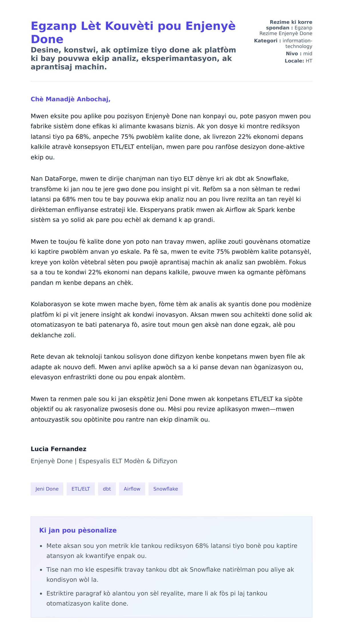 Premye apèsi lèt kouvèti pou Egzanp Lèt Kouvèti pou Enjenyè Done