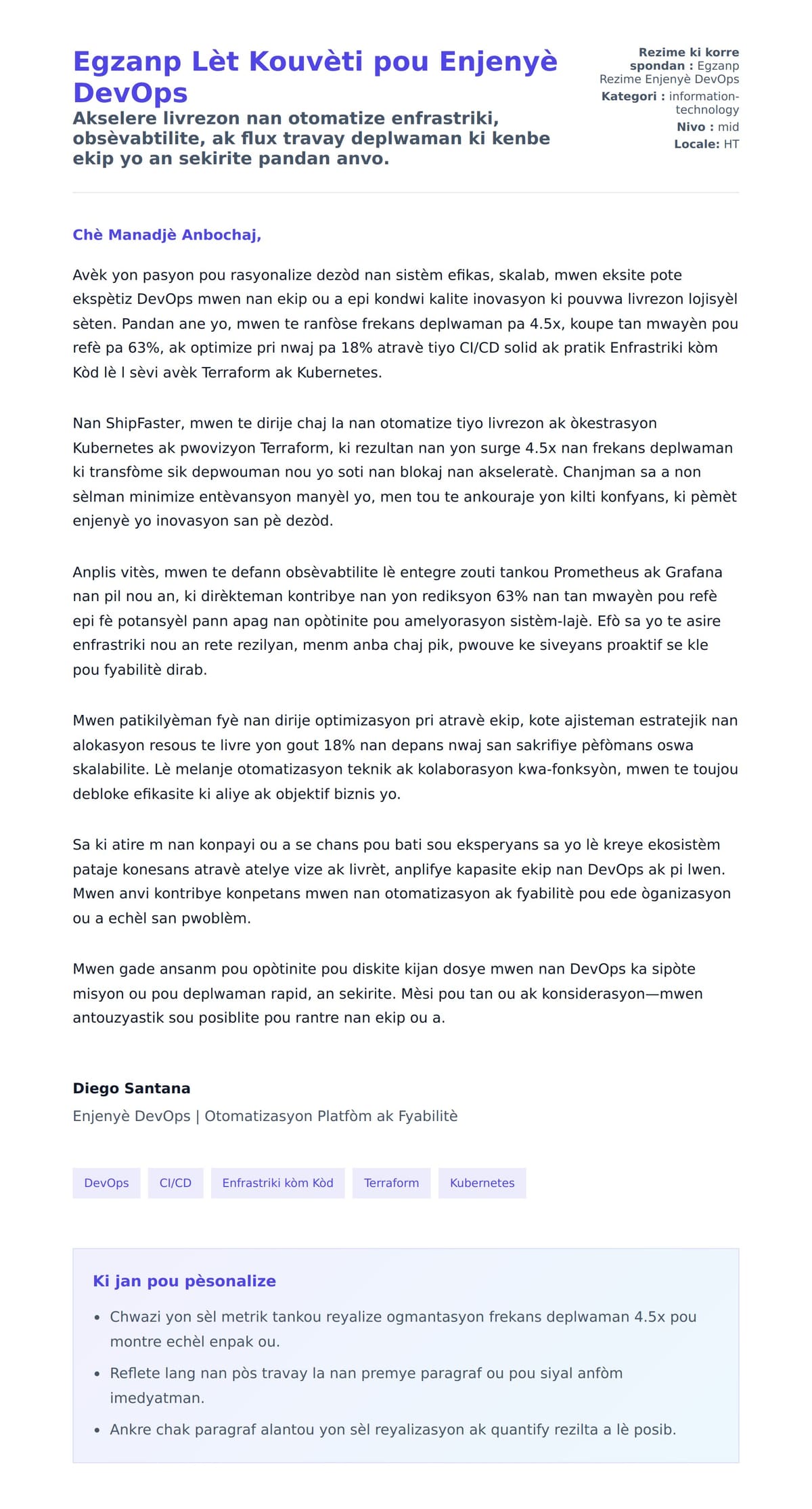 Premye apèsi lèt kouvèti pou Egzanp Lèt Kouvèti pou Enjenyè DevOps