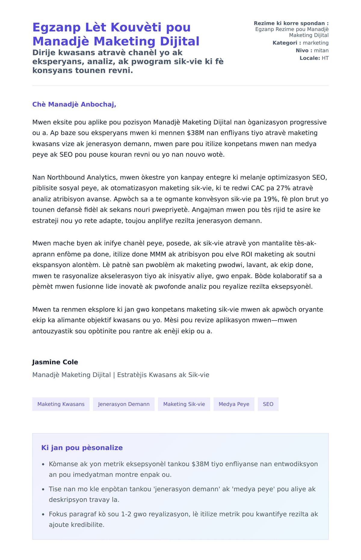 Premye apèsi lèt kouvèti pou Egzanp Lèt Kouvèti pou Manadjè Maketing Dijital