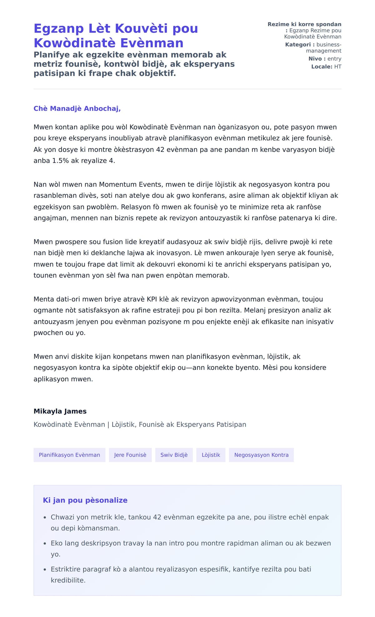 Premye apèsi lèt kouvèti pou Egzanp Lèt Kouvèti pou Kowòdinatè Evènman