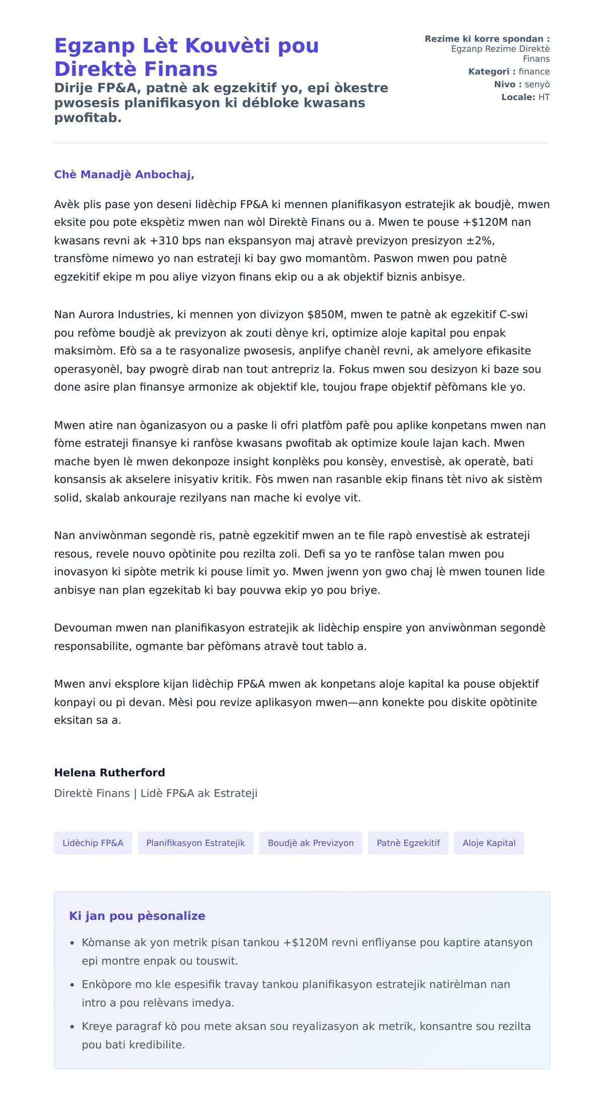Premye apèsi lèt kouvèti pou Egzanp Lèt Kouvèti pou Direktè Finans