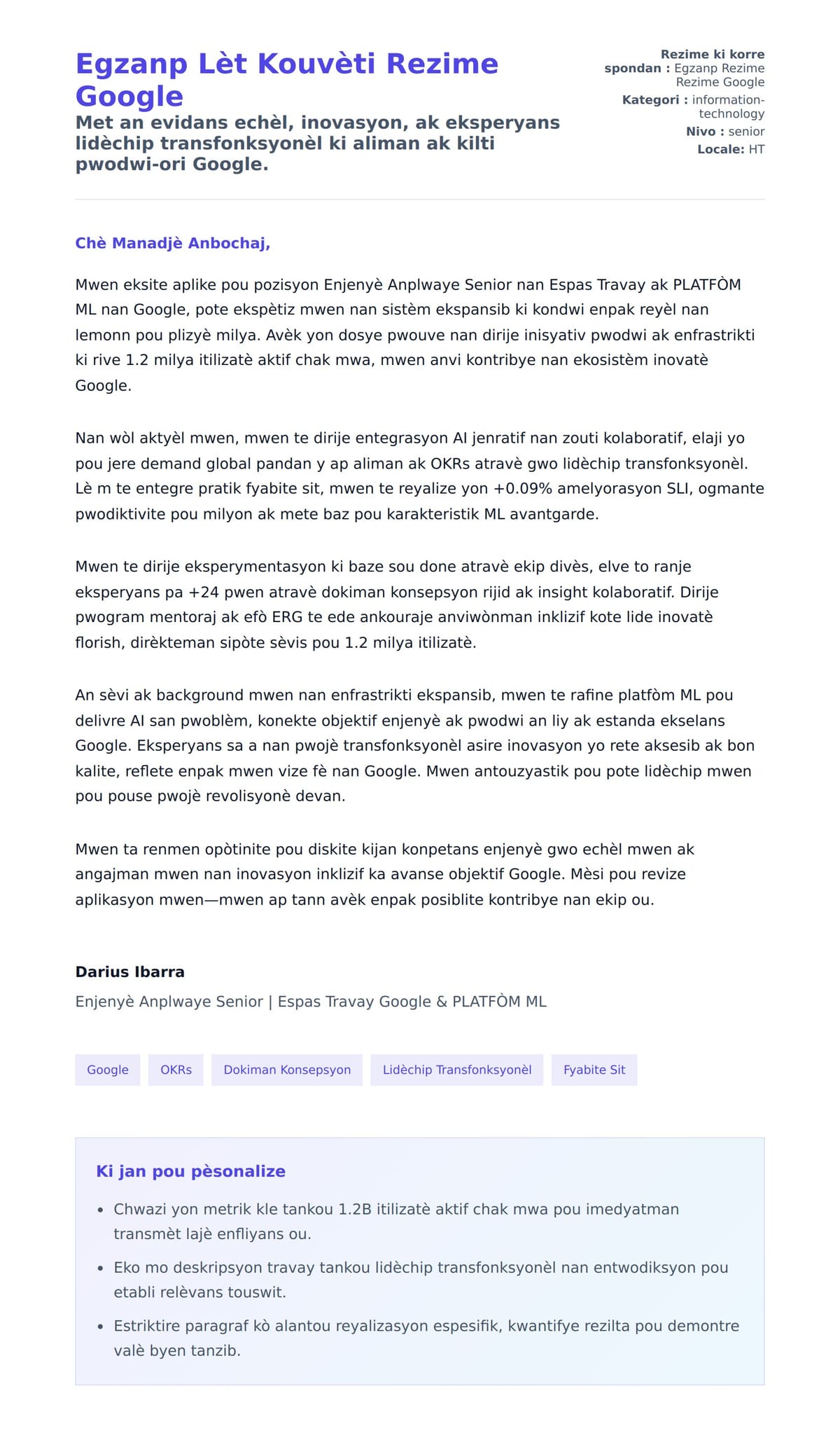 Premye apèsi lèt kouvèti pou Egzanp Lèt Kouvèti Rezime Google