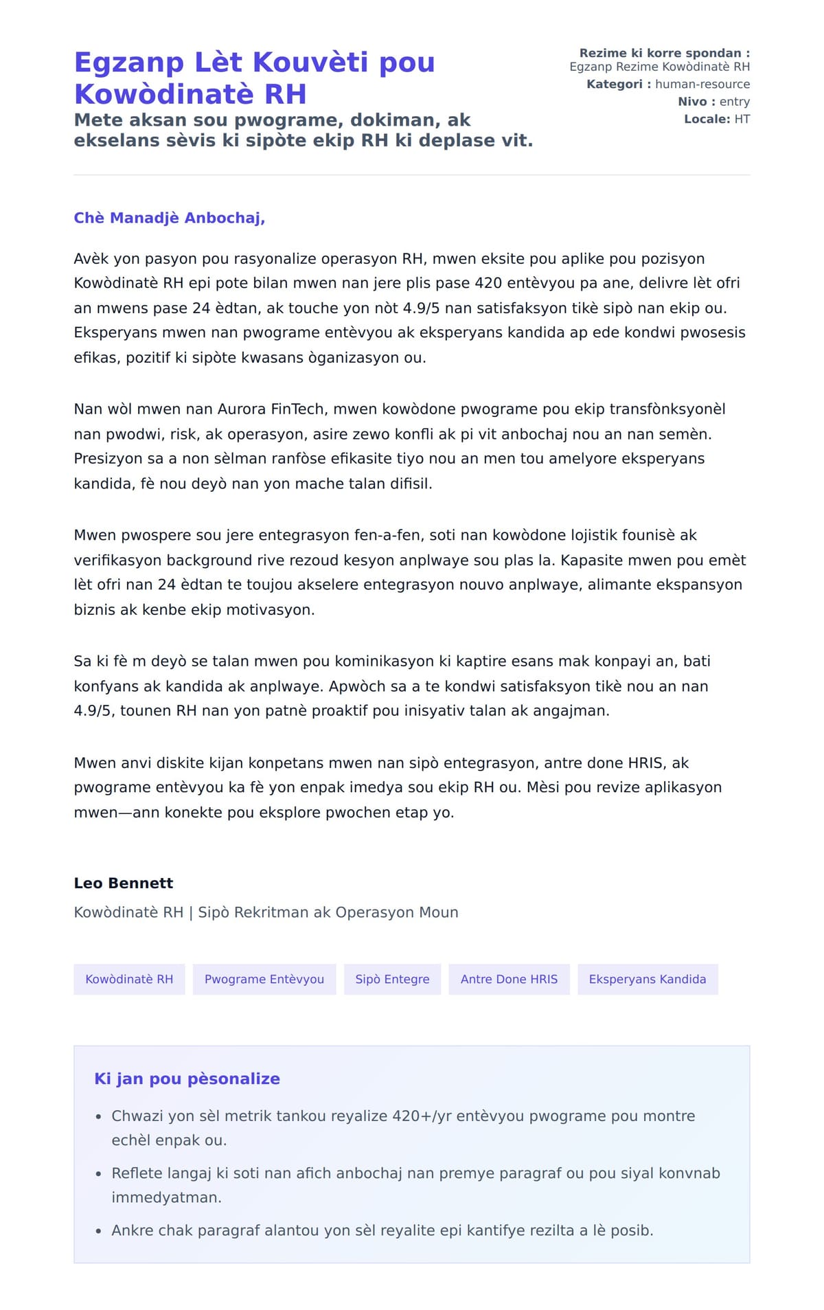 Premye apèsi lèt kouvèti pou Egzanp Lèt Kouvèti pou Kowòdinatè RH