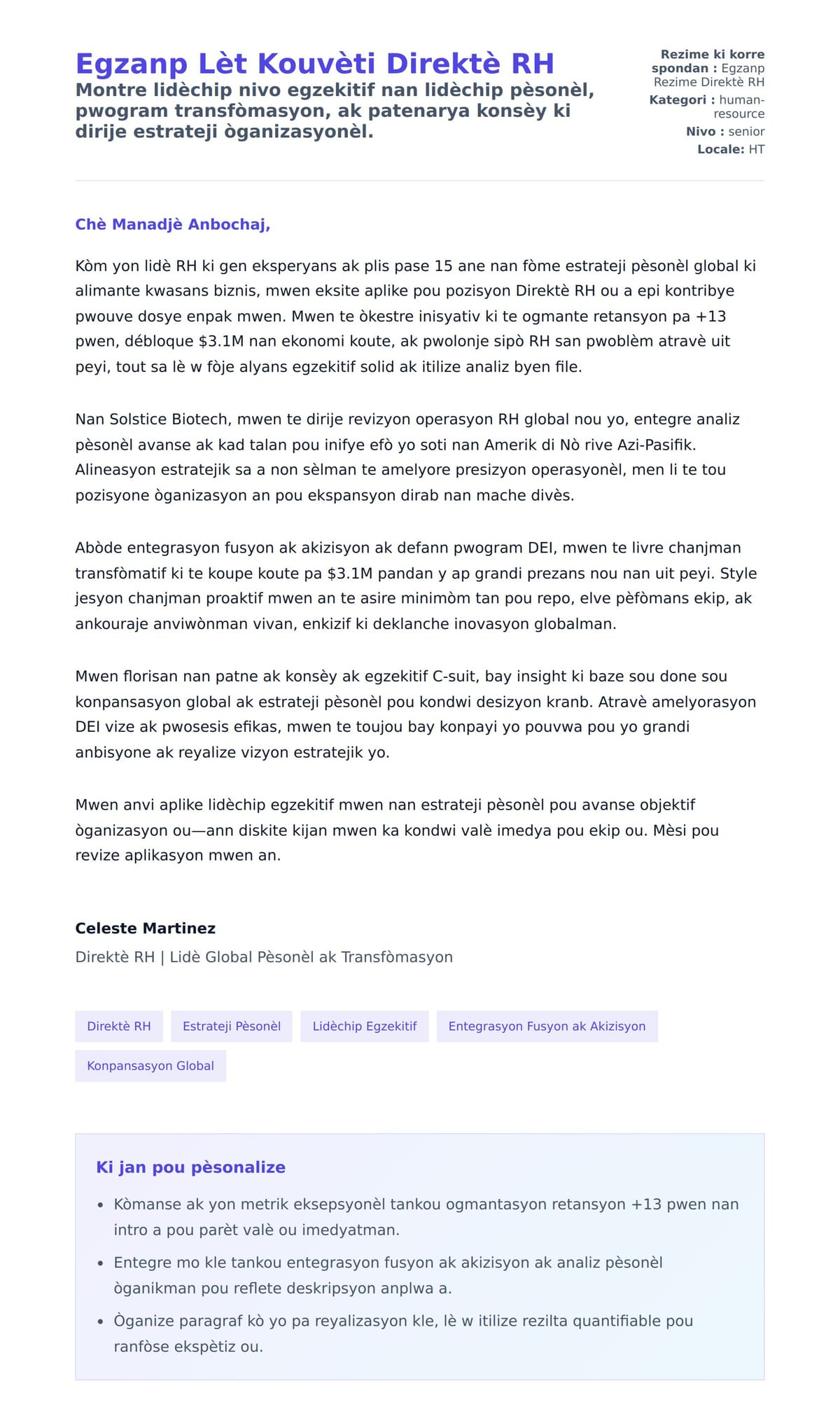 Premye apèsi lèt kouvèti pou Egzanp Lèt Kouvèti Direktè RH