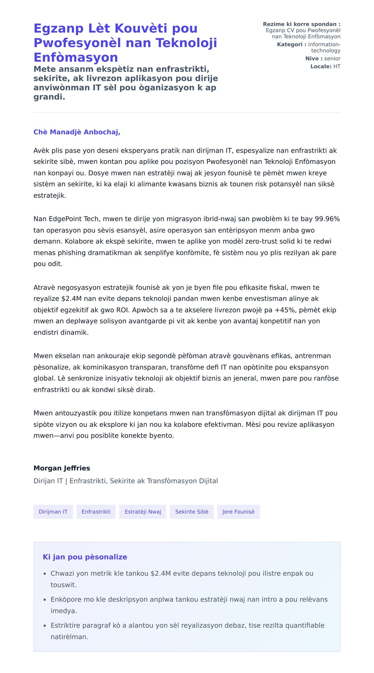 Premye apèsi lèt kouvèti pou Egzanp Lèt Kouvèti pou Pwofesyonèl nan Teknoloji Enfòmasyon