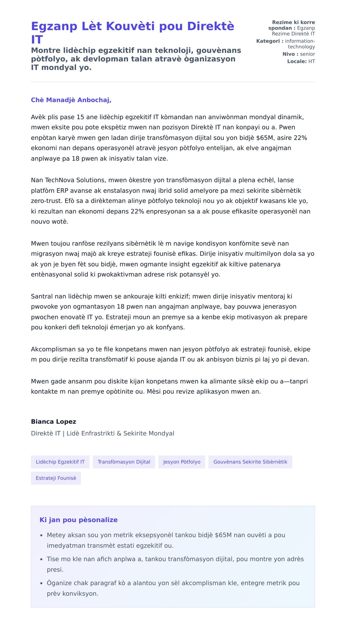 Premye apèsi lèt kouvèti pou Egzanp Lèt Kouvèti pou Direktè IT
