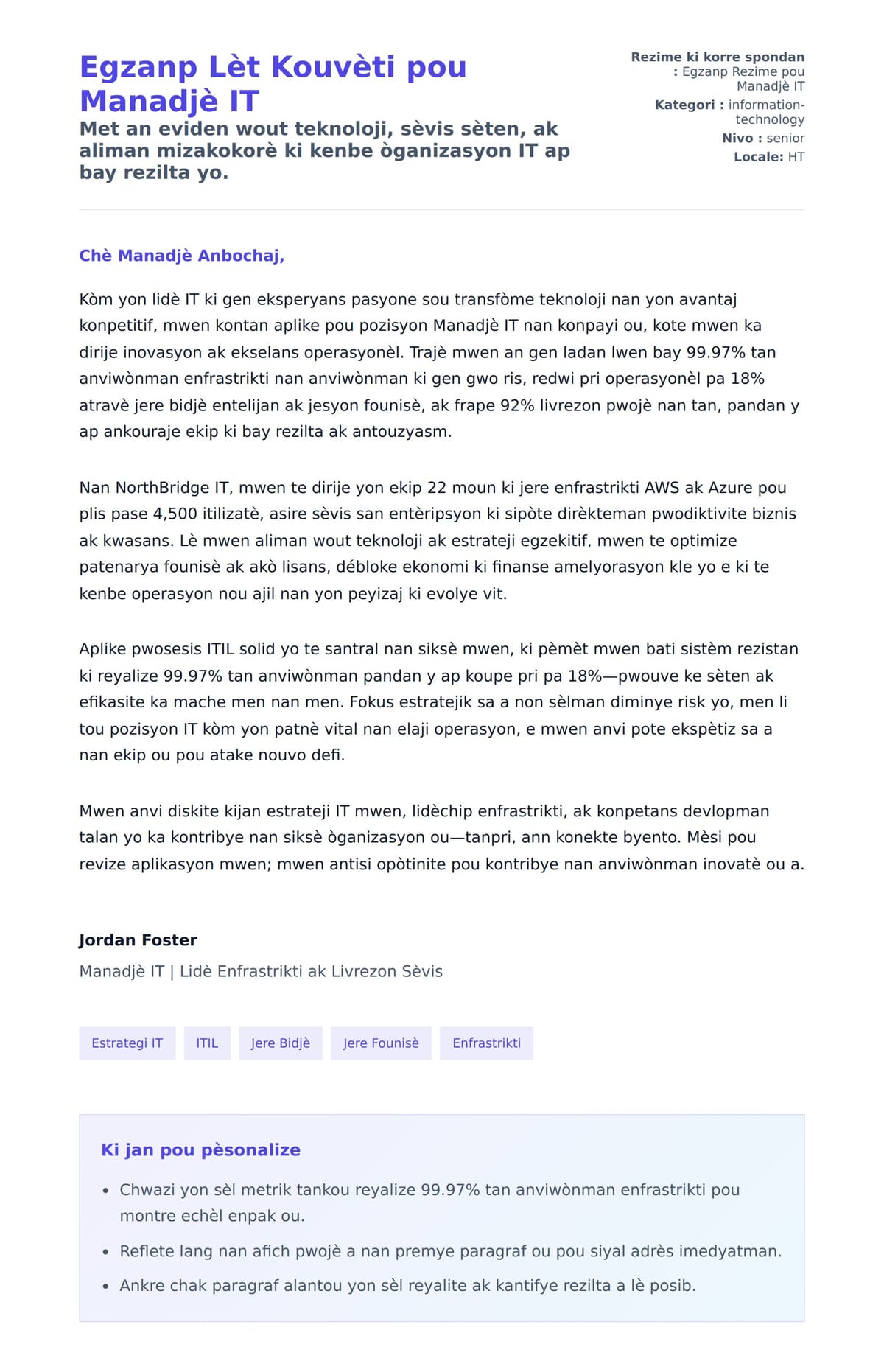 Premye apèsi lèt kouvèti pou Egzanp Lèt Kouvèti pou Manadjè IT