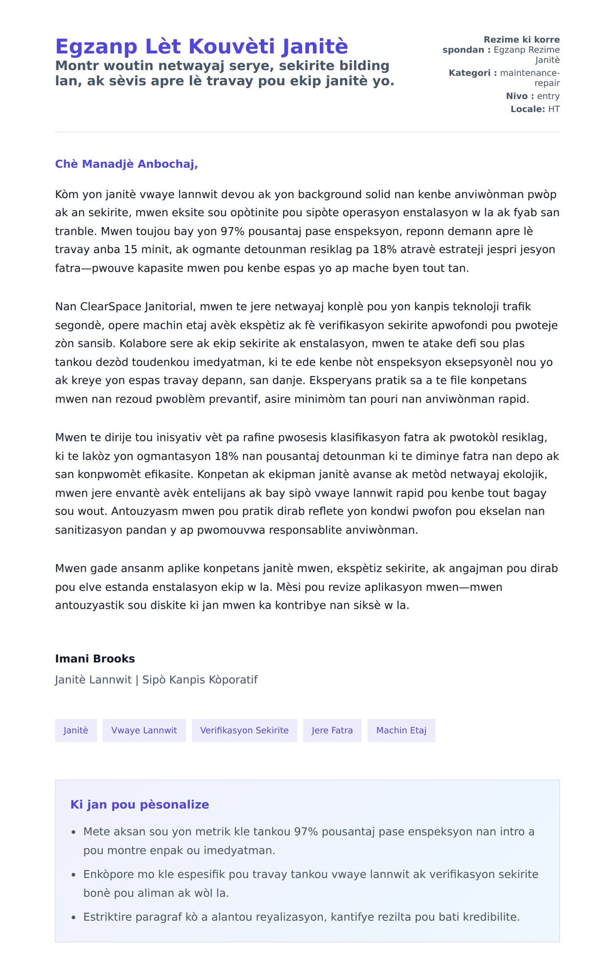 Premye apèsi lèt kouvèti pou Egzanp Lèt Kouvèti Janitè