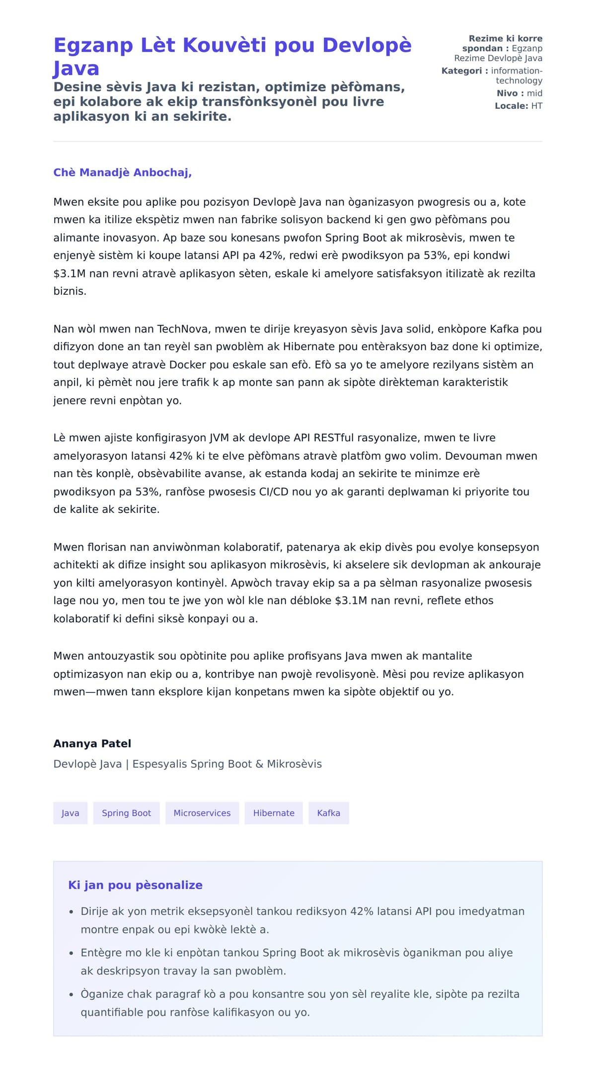 Premye apèsi lèt kouvèti pou Egzanp Lèt Kouvèti pou Devlopè Java