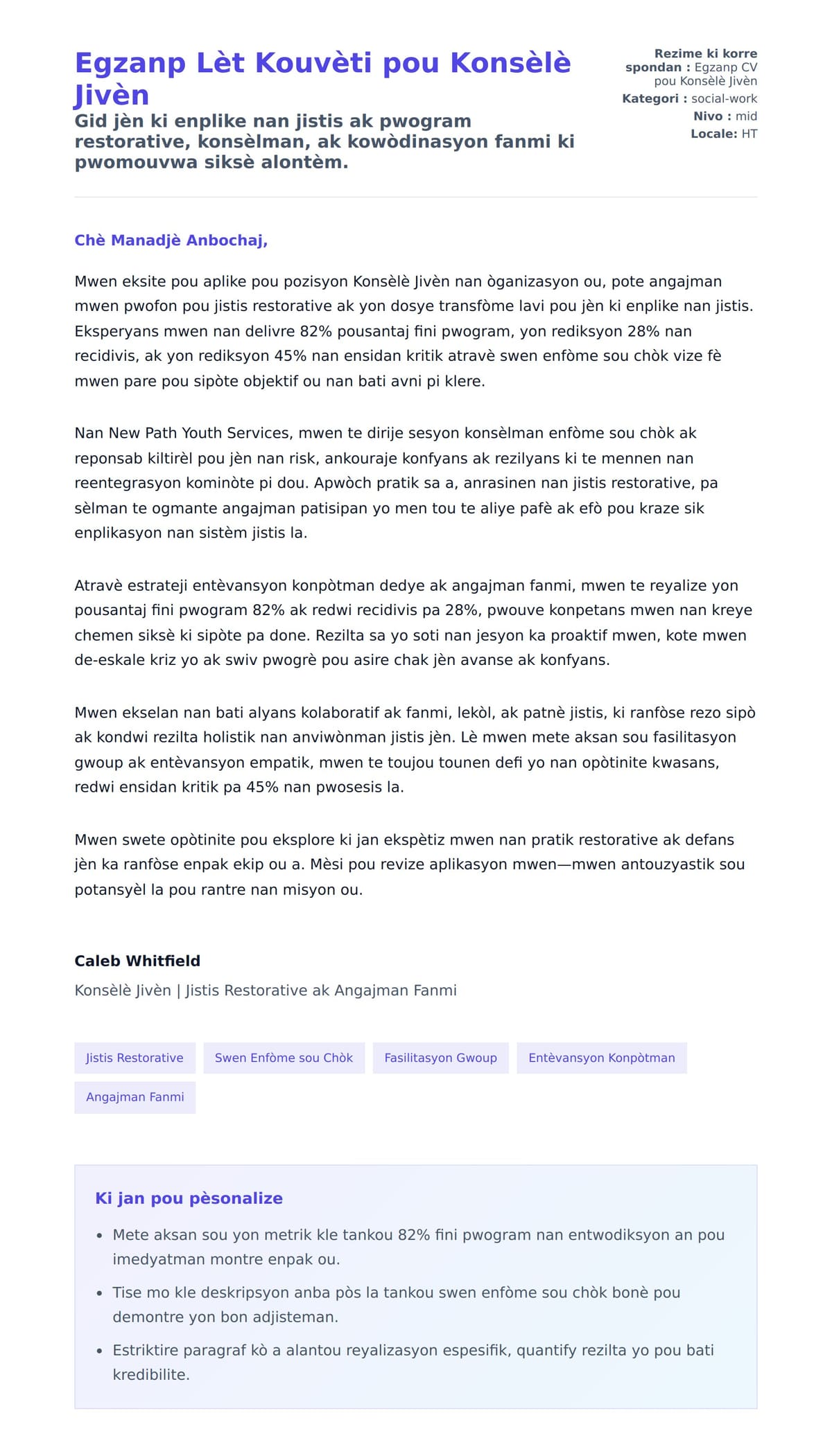 Premye apèsi lèt kouvèti pou Egzanp Lèt Kouvèti pou Konsèlè Jivèn