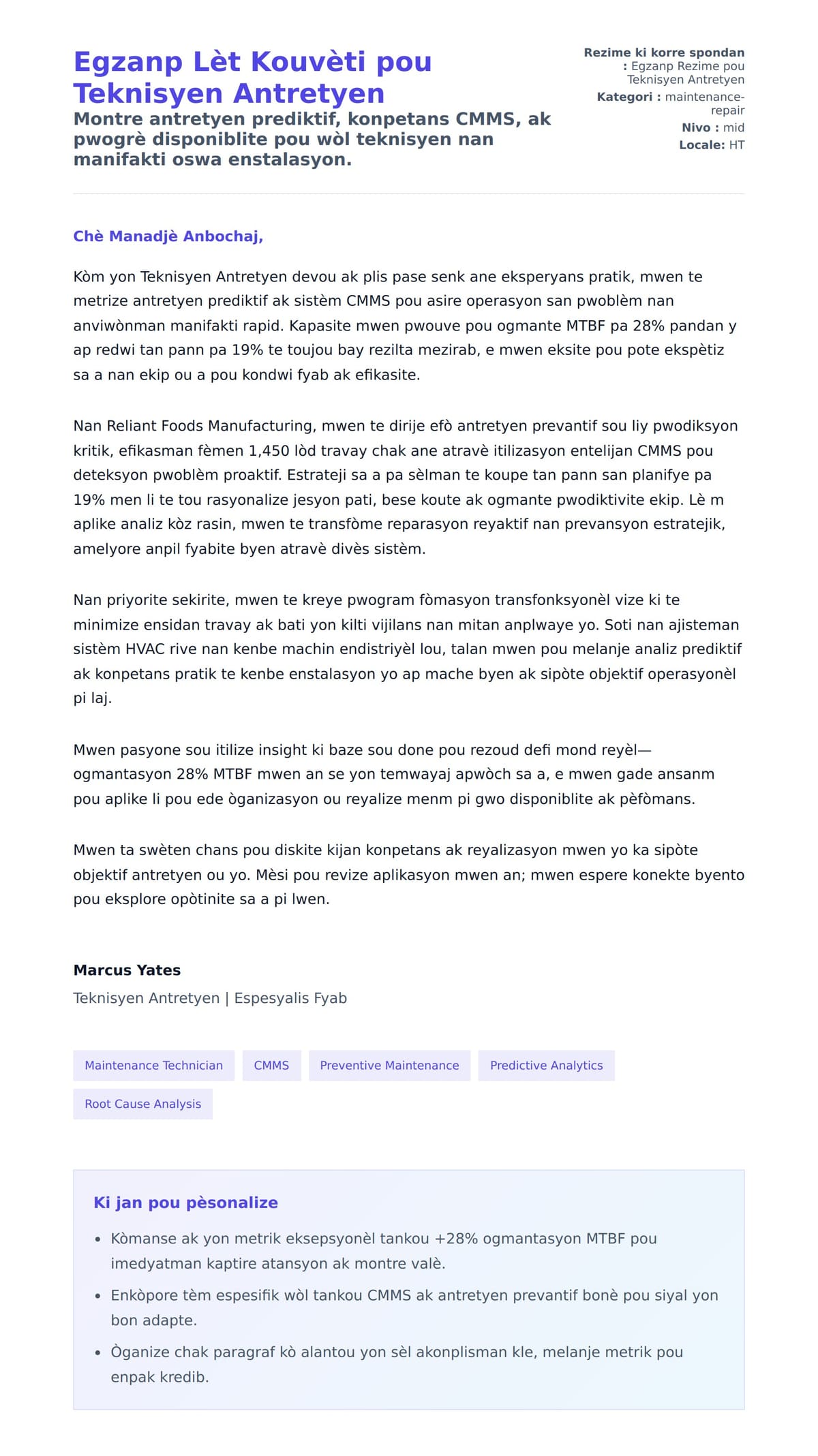 Premye apèsi lèt kouvèti pou Egzanp Lèt Kouvèti pou Teknisyen Antretyen
