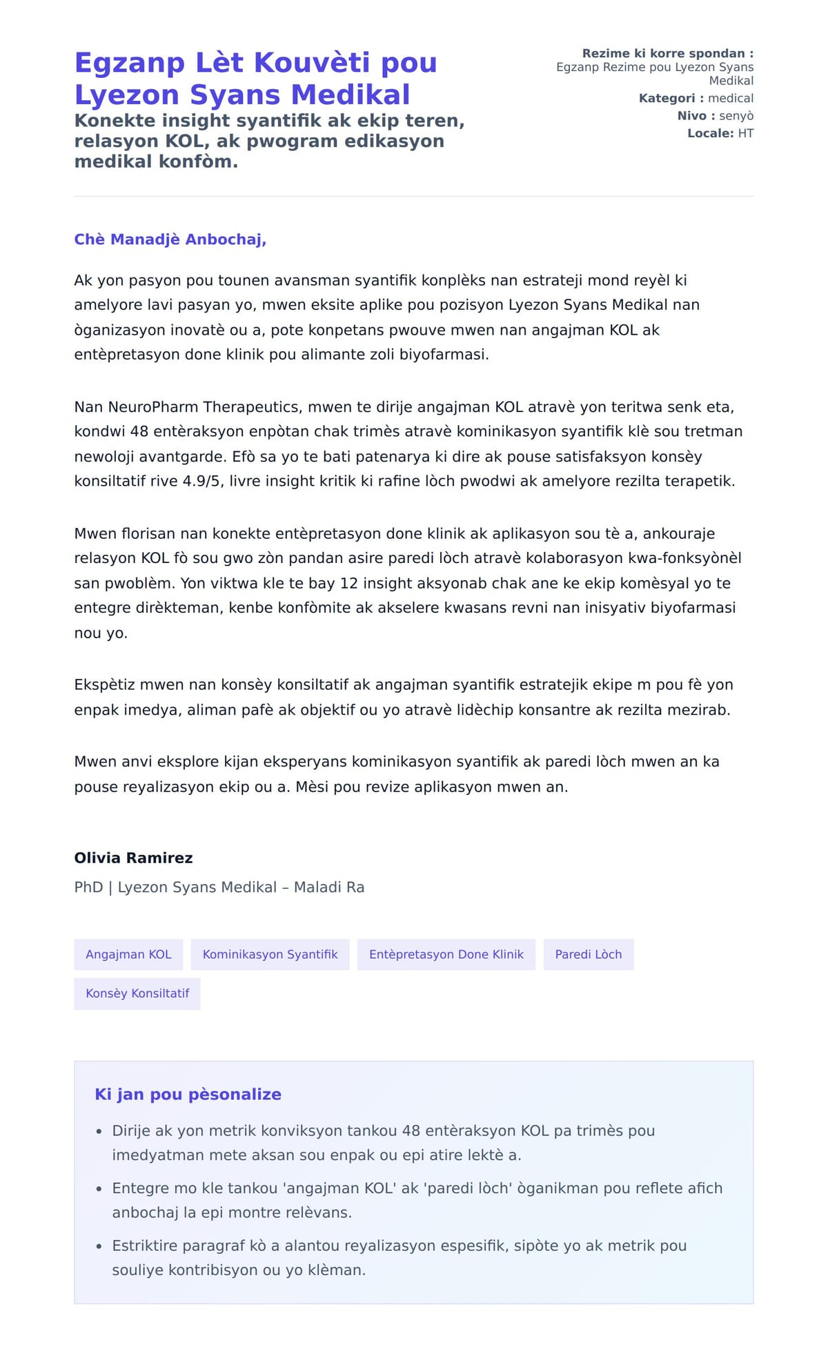 Premye apèsi lèt kouvèti pou Egzanp Lèt Kouvèti pou Lyezon Syans Medikal