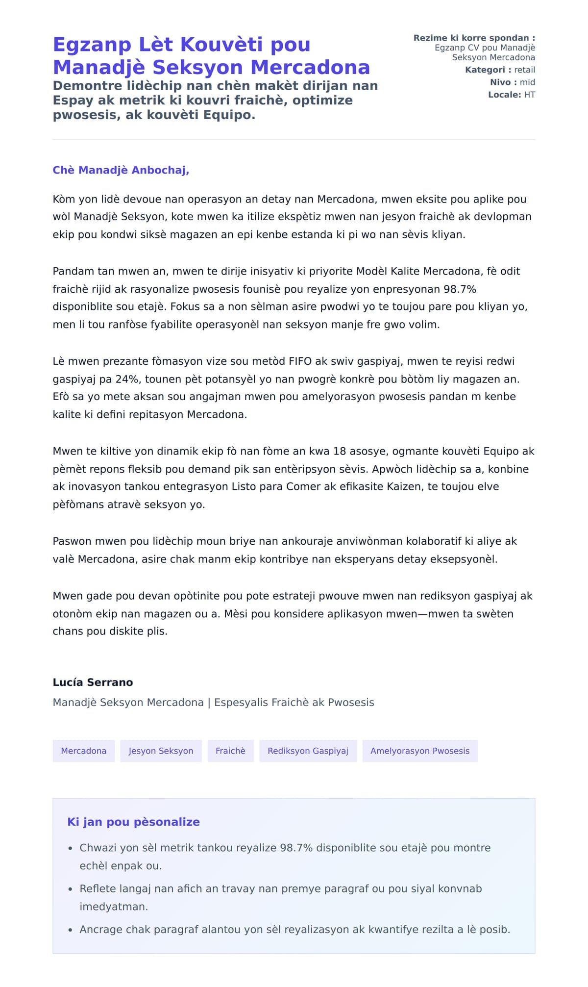 Premye apèsi lèt kouvèti pou Egzanp Lèt Kouvèti pou Manadjè Seksyon Mercadona