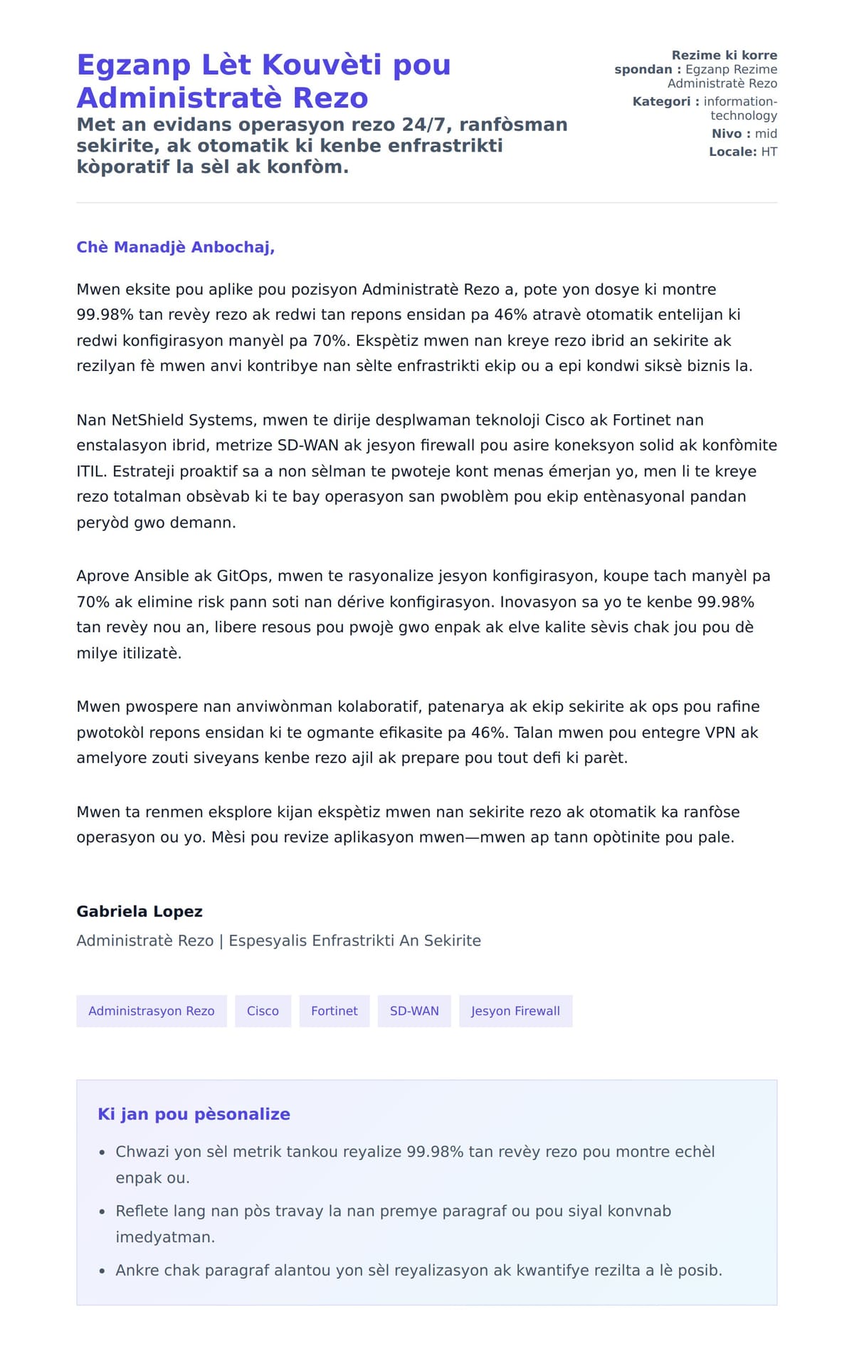 Premye apèsi lèt kouvèti pou Egzanp Lèt Kouvèti pou Administratè Rezo