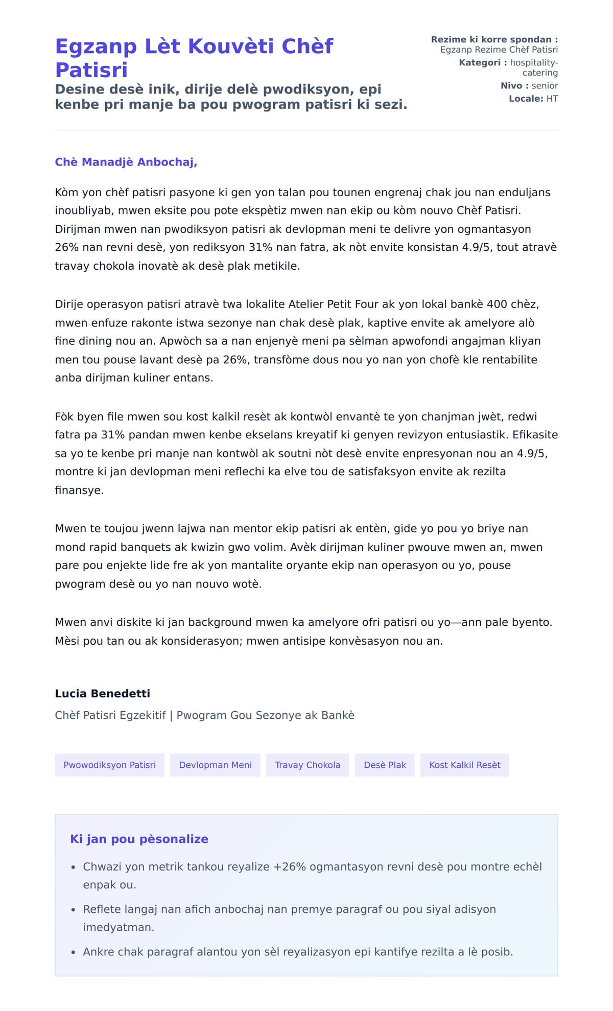 Premye apèsi lèt kouvèti pou Egzanp Lèt Kouvèti Chèf Patisri