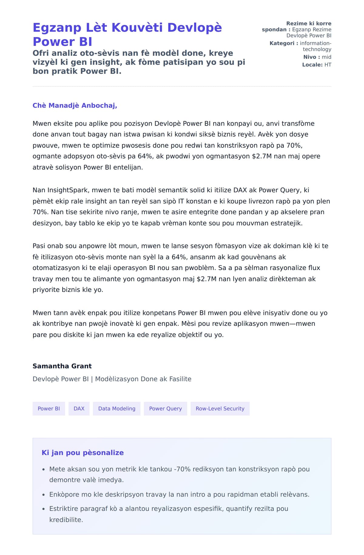 Premye apèsi lèt kouvèti pou Egzanp Lèt Kouvèti Devlopè Power BI