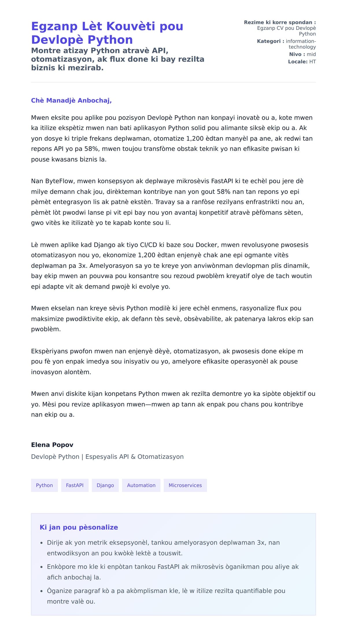 Premye apèsi lèt kouvèti pou Egzanp Lèt Kouvèti pou Devlopè Python