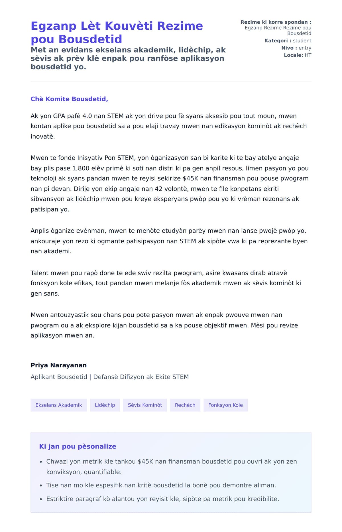 Premye apèsi lèt kouvèti pou Egzanp Lèt Kouvèti Rezime pou Bousdetid