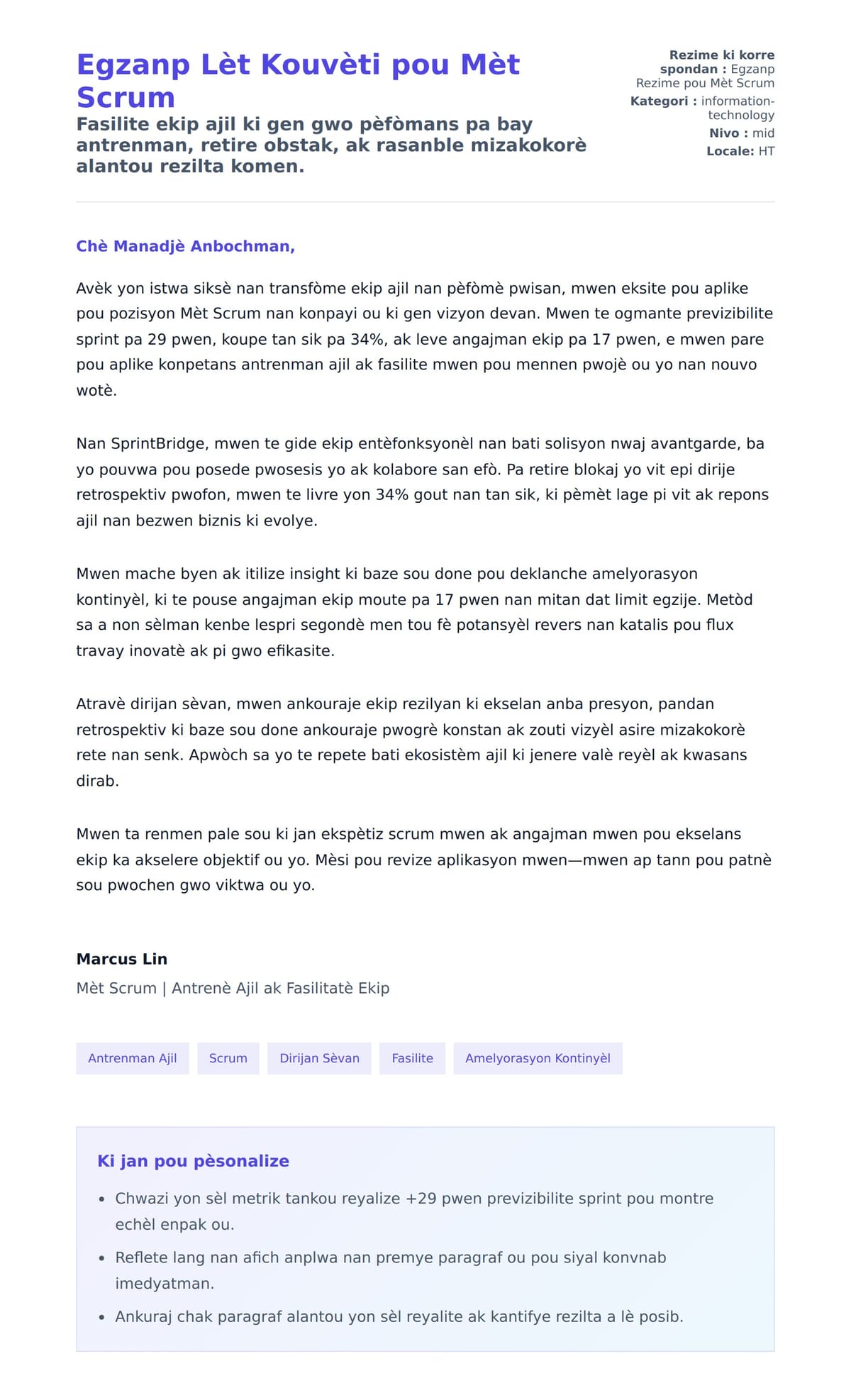 Premye apèsi lèt kouvèti pou Egzanp Lèt Kouvèti pou Mèt Scrum