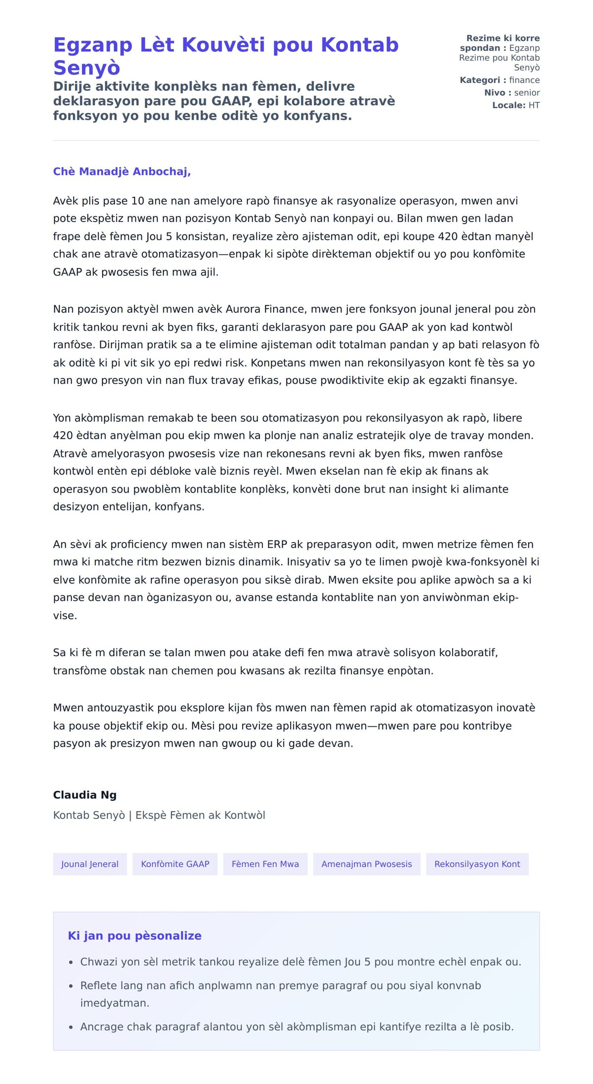 Premye apèsi lèt kouvèti pou Egzanp Lèt Kouvèti pou Kontab Senyò