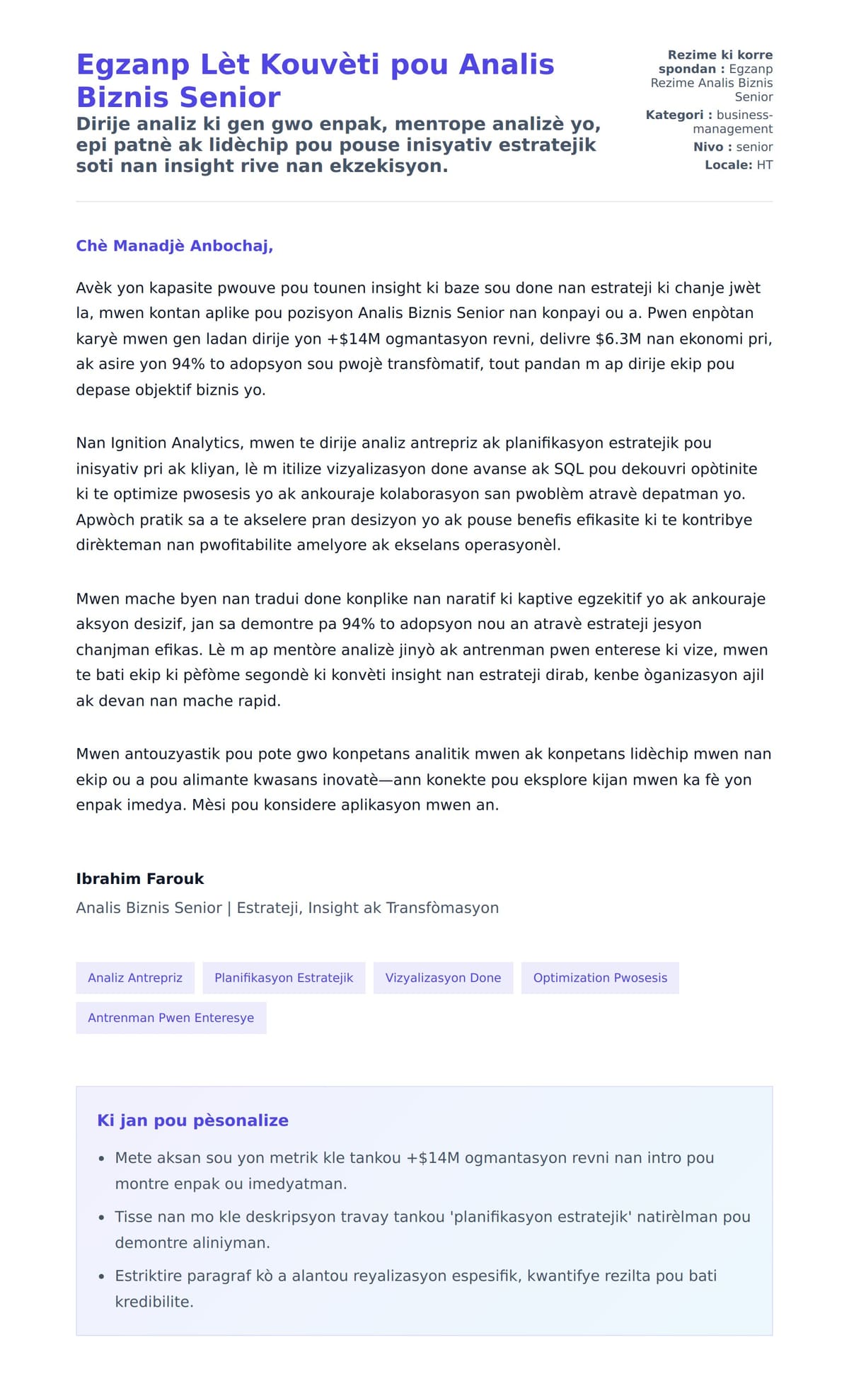 Premye apèsi lèt kouvèti pou Egzanp Lèt Kouvèti pou Analis Biznis Senior